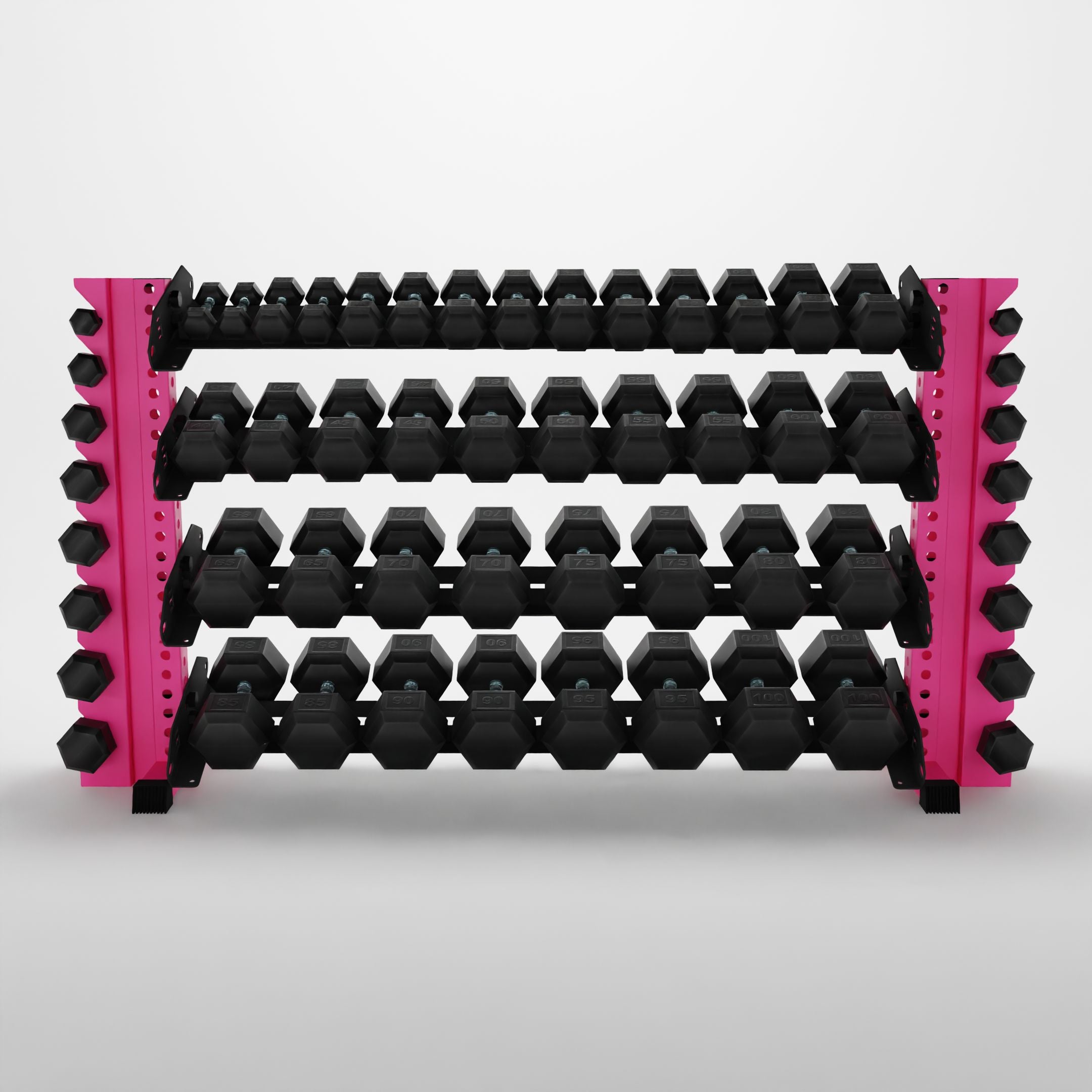 pink 70-inch alpha 4-tier horizontal dumbbell rack with vertical add-ons storing hex dumbbells