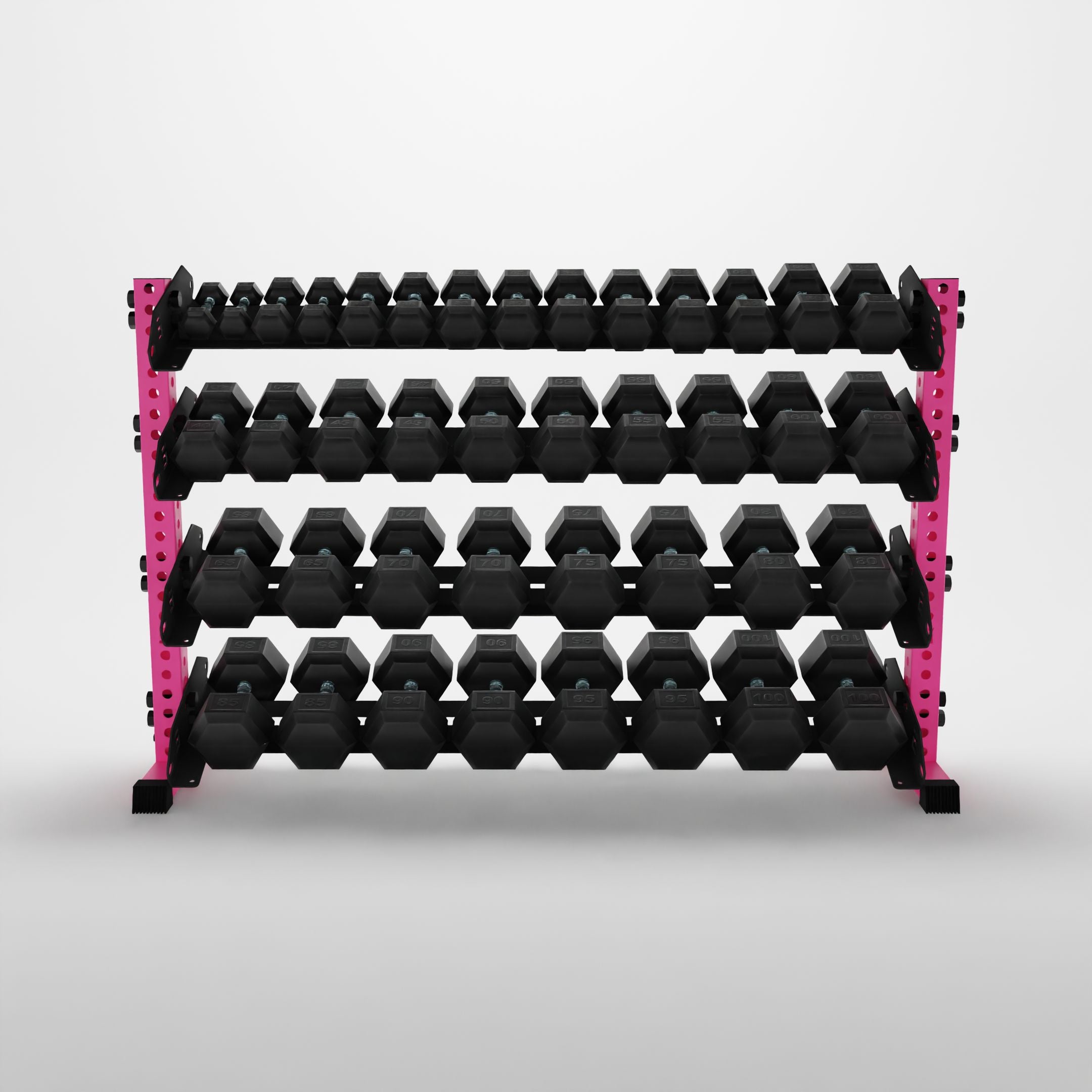 pink 70-inch alpha 4-tier horizontal dumbbell rack storing hex dumbbells