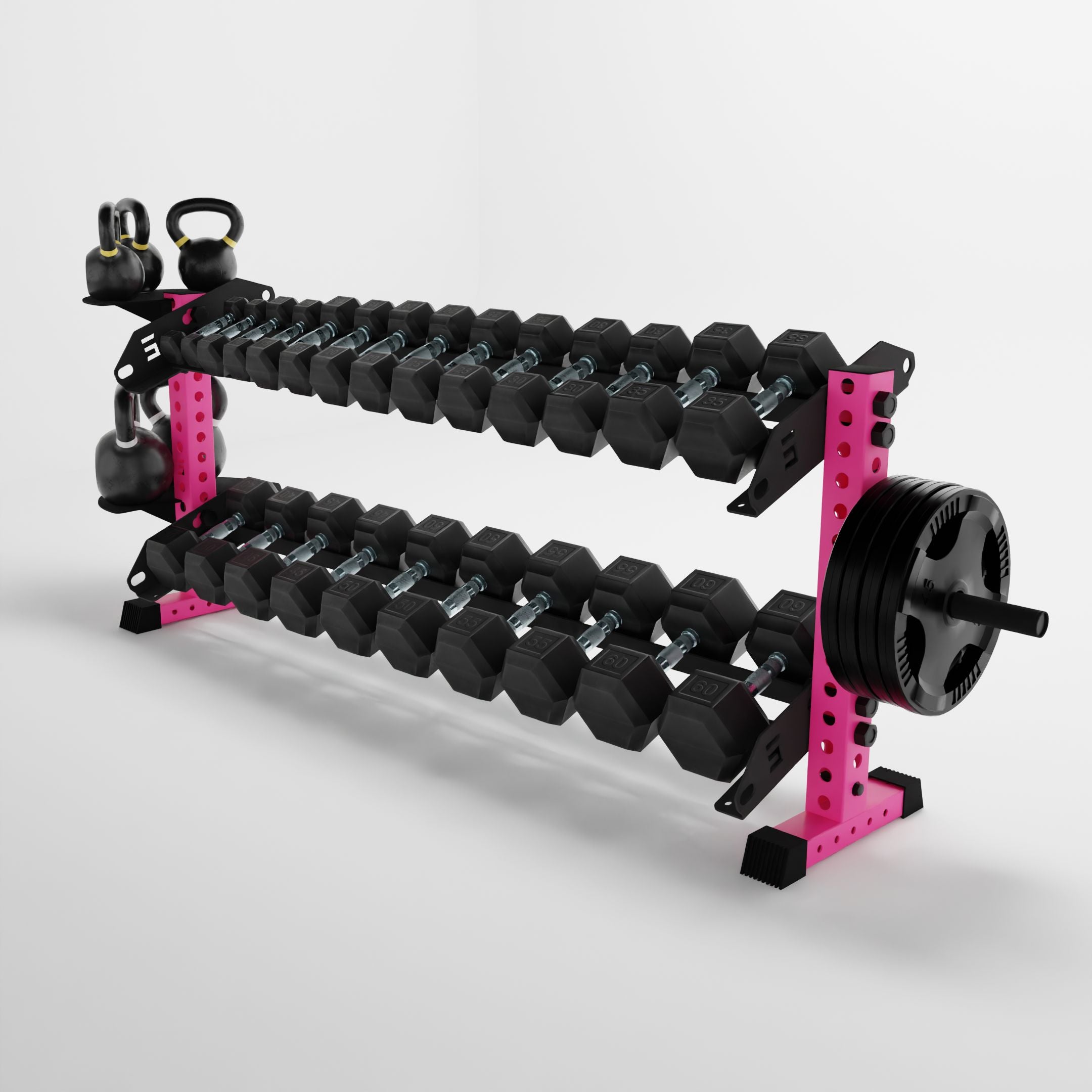 pink 70-inch bravo 2-tier horizontal dumbbell rack storing dumbbells, weight plates, and kettlebells using storage attachment accessories