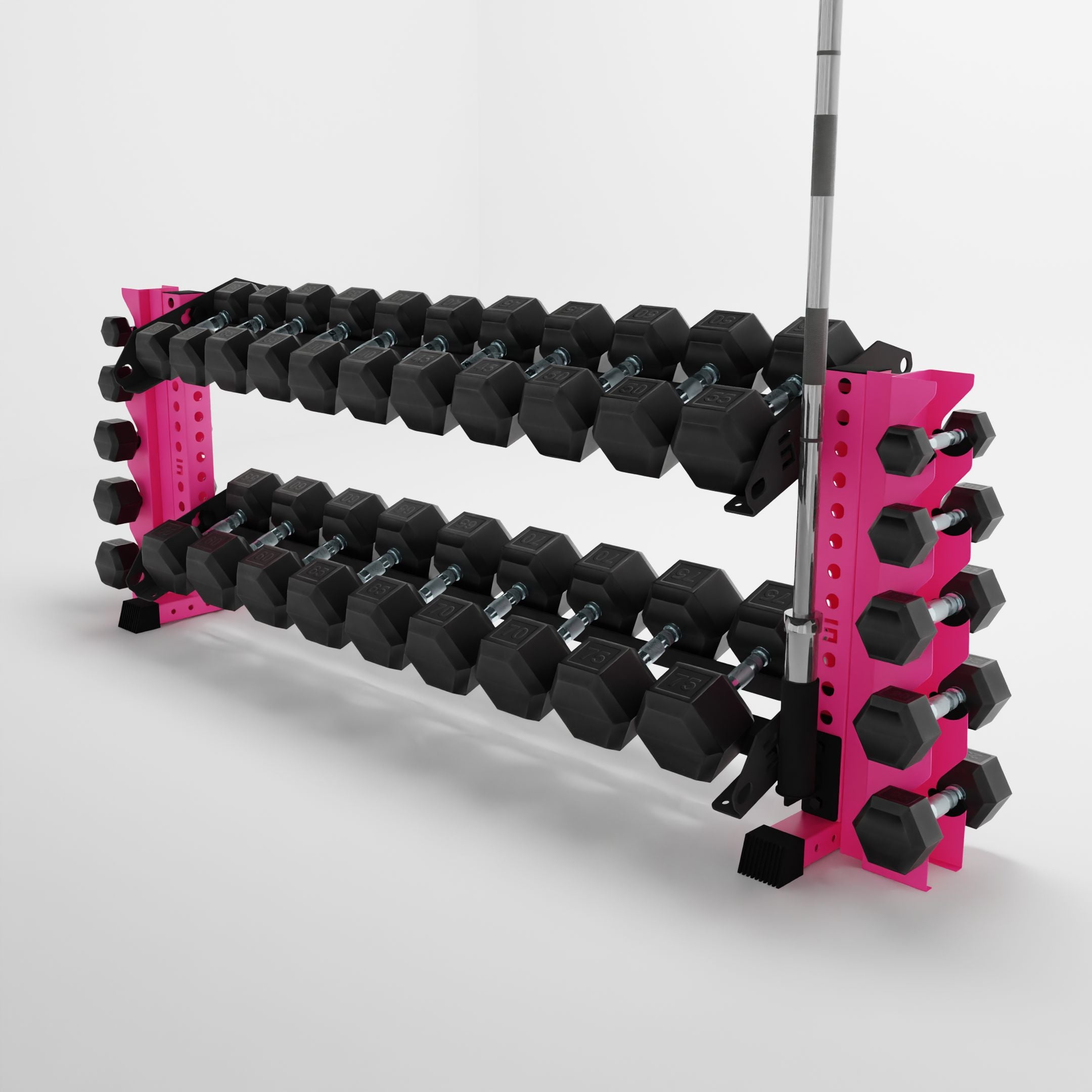 pink 70-inch bravo 2-tier horizontal dumbbell rack with vertical add-ons storing hex dumbbells and a barbell using a storage attachment accessory