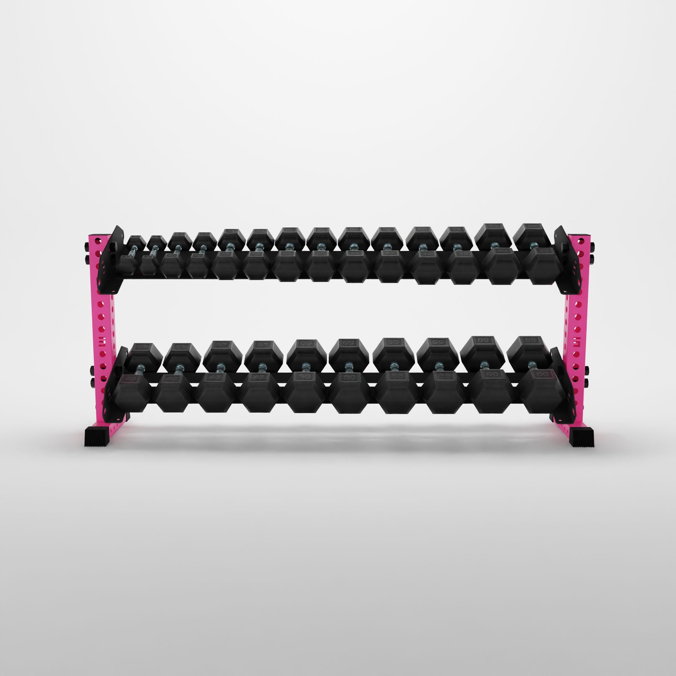 pink 70-inch bravo 2-tier horizontal dumbbell rack storing hex dumbbells