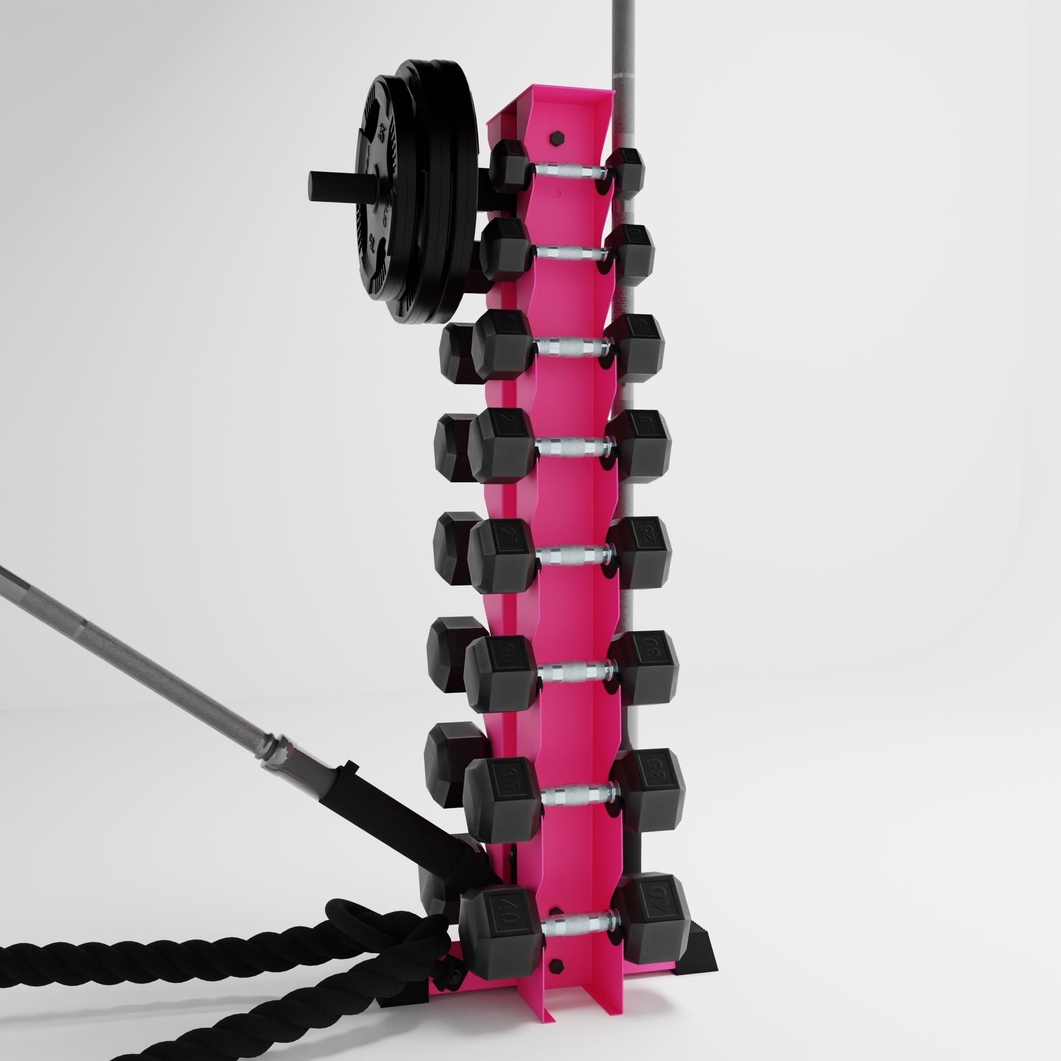 pink alpha 8-tier vertical dumbbell storage rack storing dumbbells, weight plates, barbells, and a battle rope using storage attachment accessories