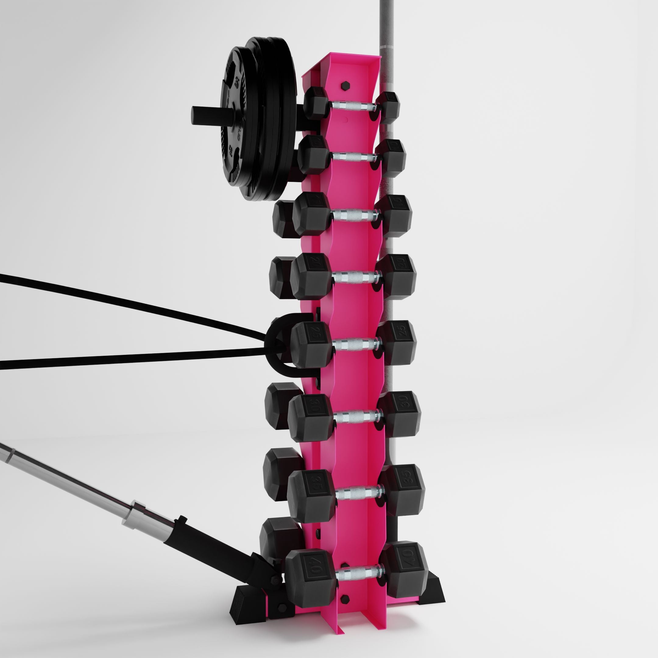 pink alpha 8-tier vertical dumbbell storage rack storing dumbbells, weight plates, barbells, and resistance bands using storage attachment accessories