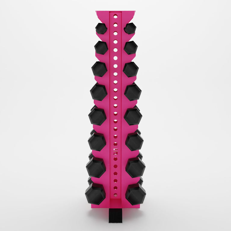 pink alpha 8-tier vertical dumbbell storage rack storing hex dumbbells