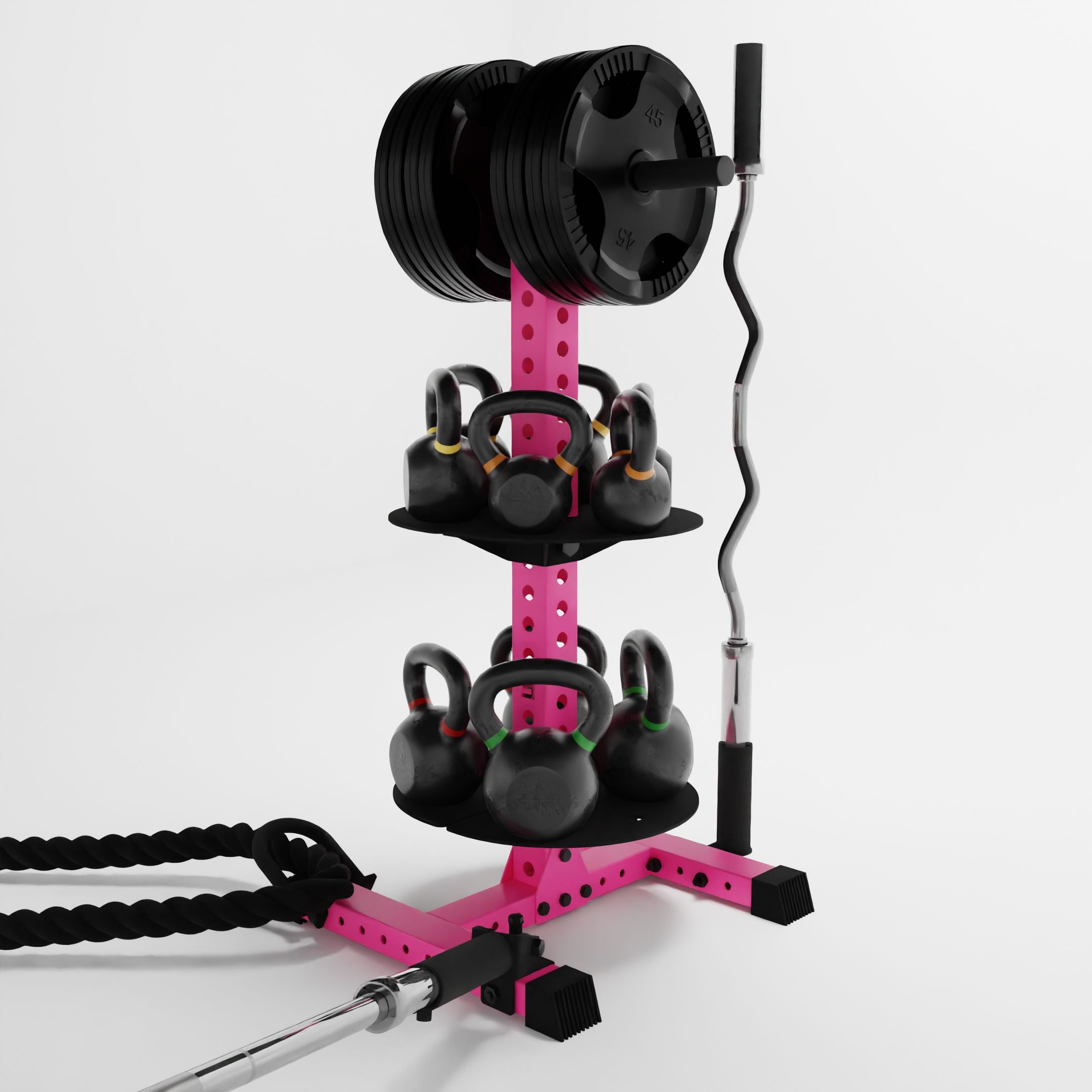 pink alpha pk vertical hybrid plate and kettlebell storage rack storing kettlebells, weight plates, barbells, and a battle rope using storage attachment accessories