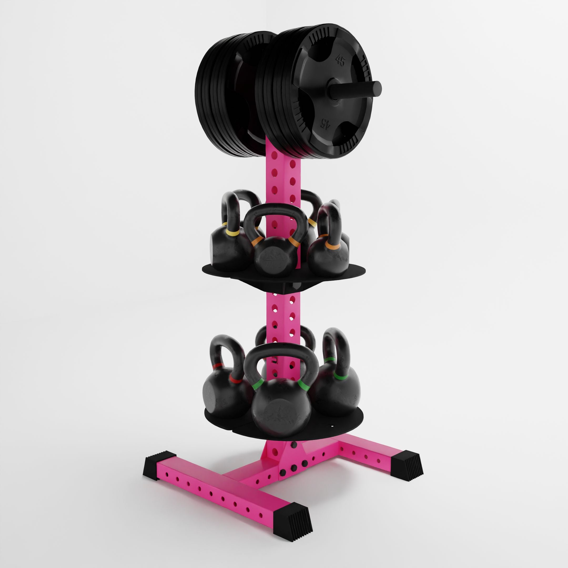 pink alpha pk vertical hybrid plate and kettlebell storage rack storing weight plates and kettlebells side view