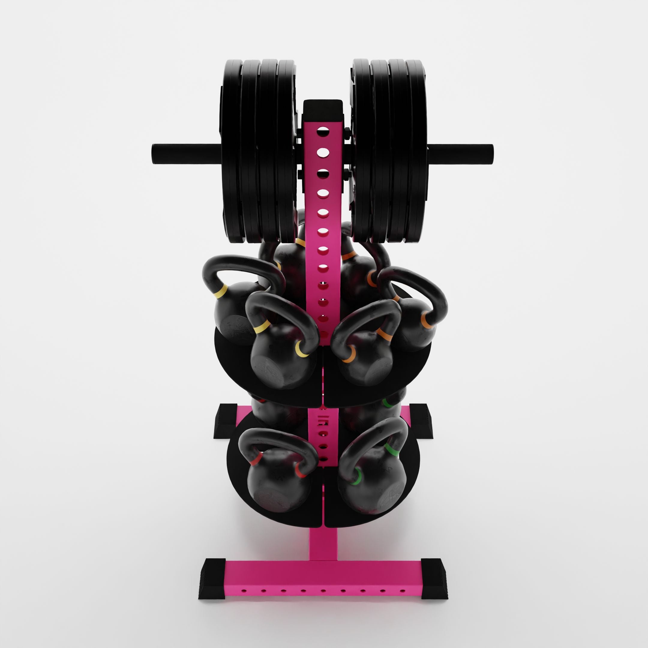 pink alpha pk vertical hybrid plate and kettlebell storage rack storing weight plates and kettlebells top view