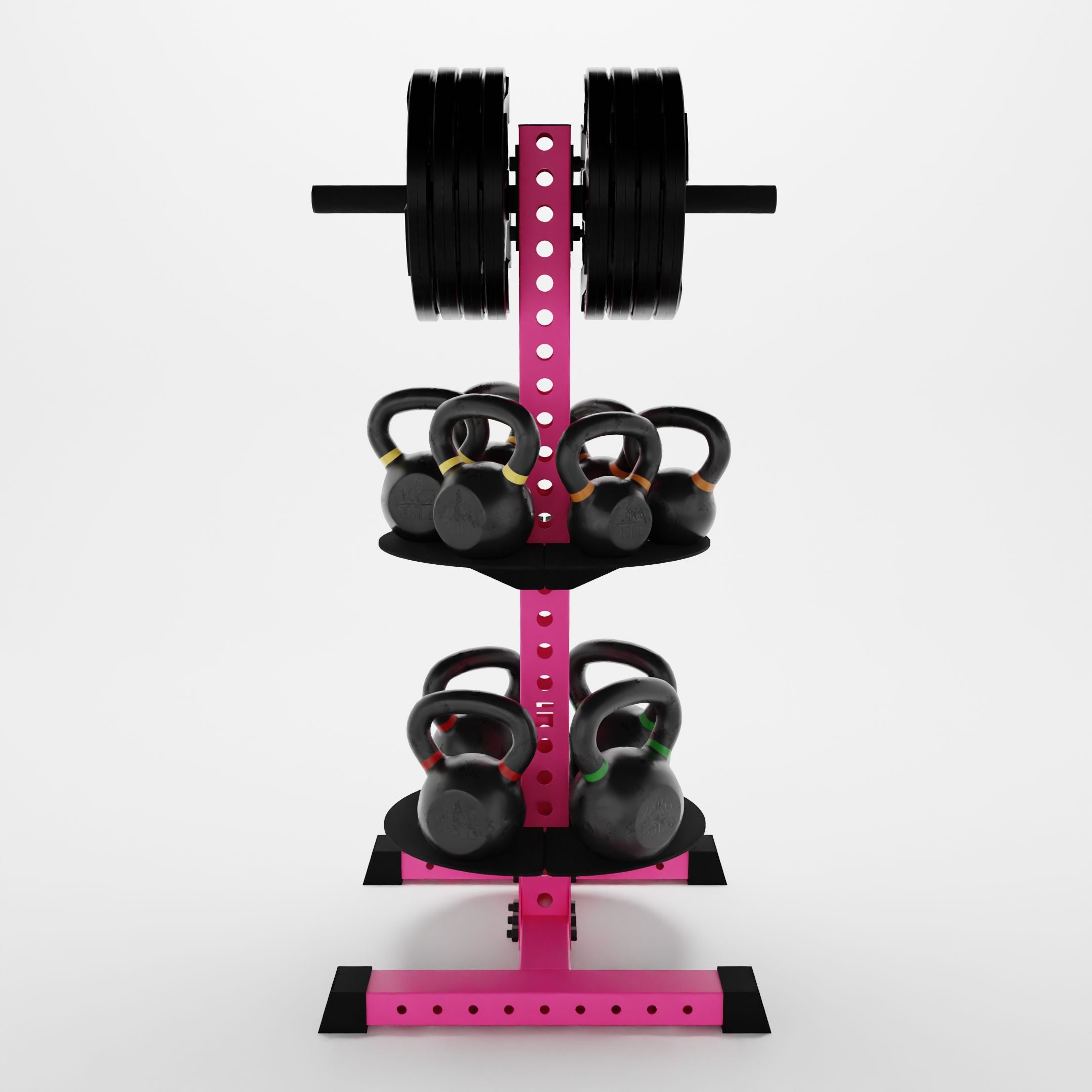 pink alpha pk vertical hybrid plate and kettlebell storage rack storing weight plates and kettlebells