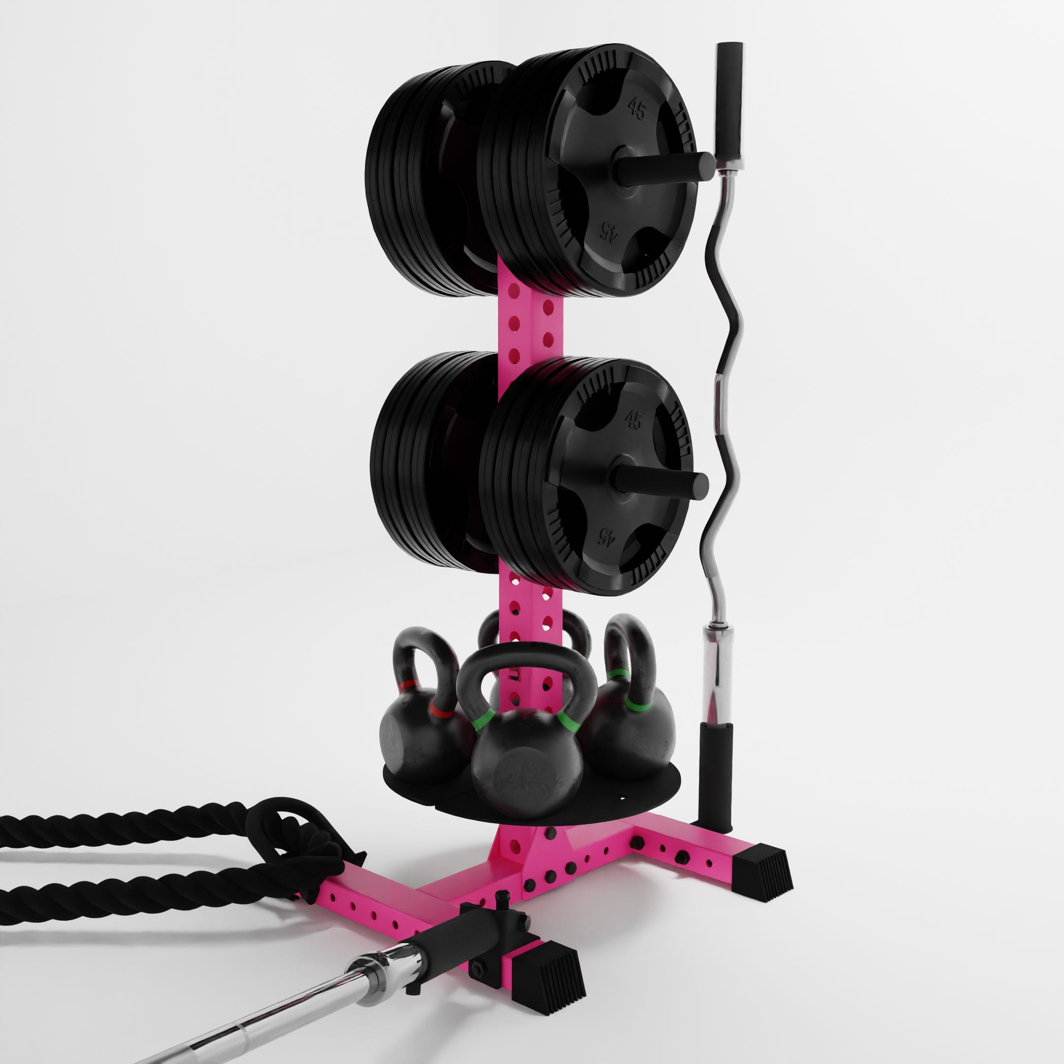 pink alpha pk vertical hybrid plate and kettlebell storage rack storing plates, kettlebells, barbells, and a batte rope using storage attachment accessories