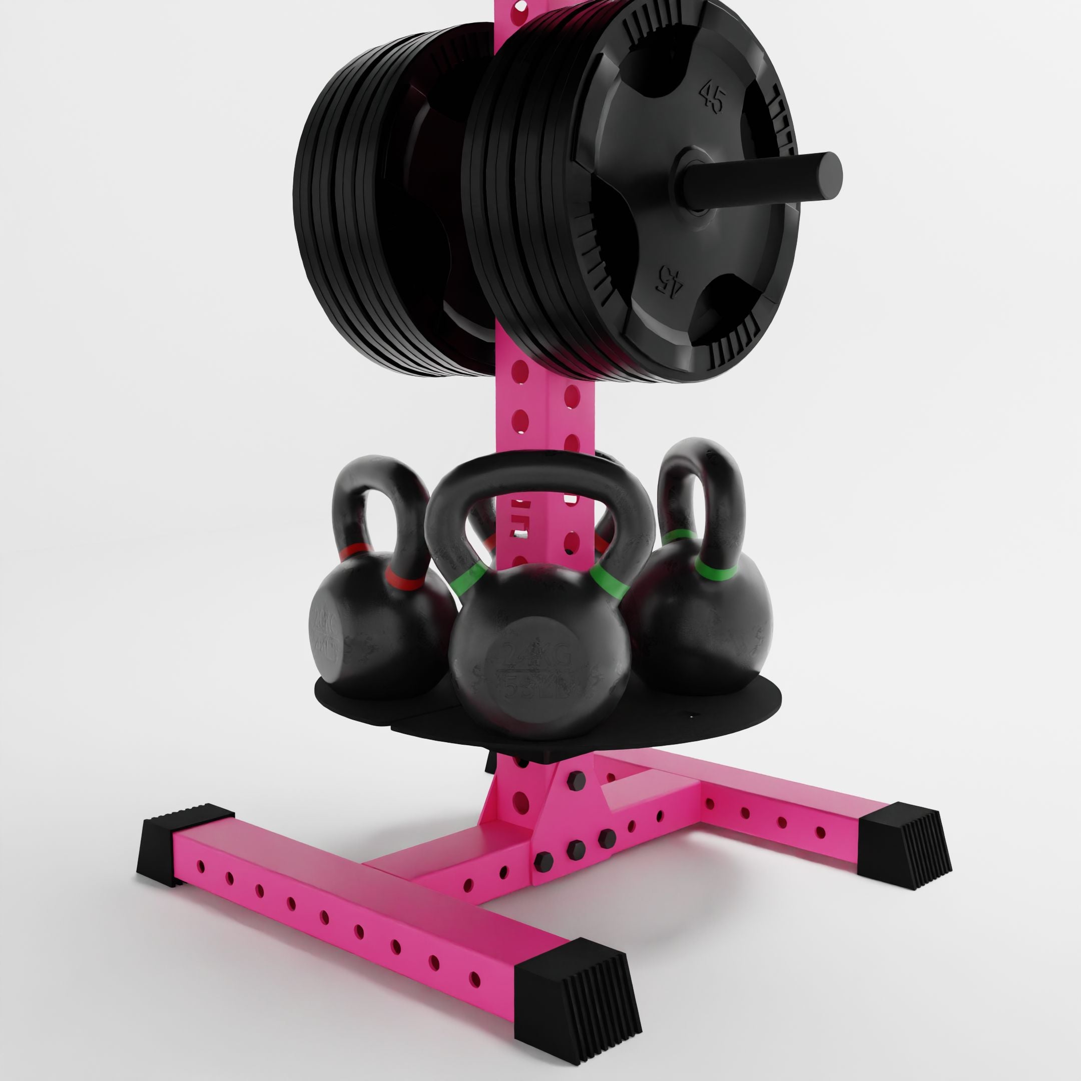 pink alpha pk vertical hybrid plate and kettlebell storage rack base storing plates and kettlebells