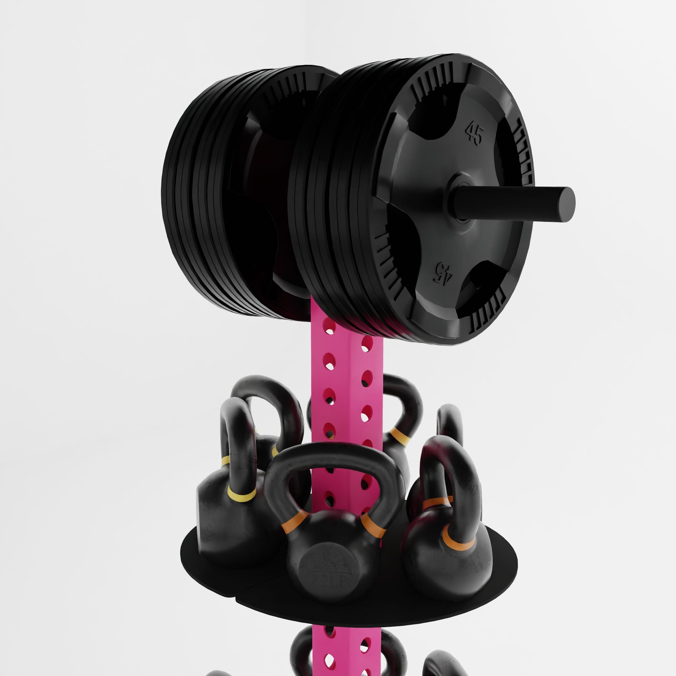 pink alpha pk vertical hybrid plate and kettlebell storage rack top storing weight plates and kettlebells