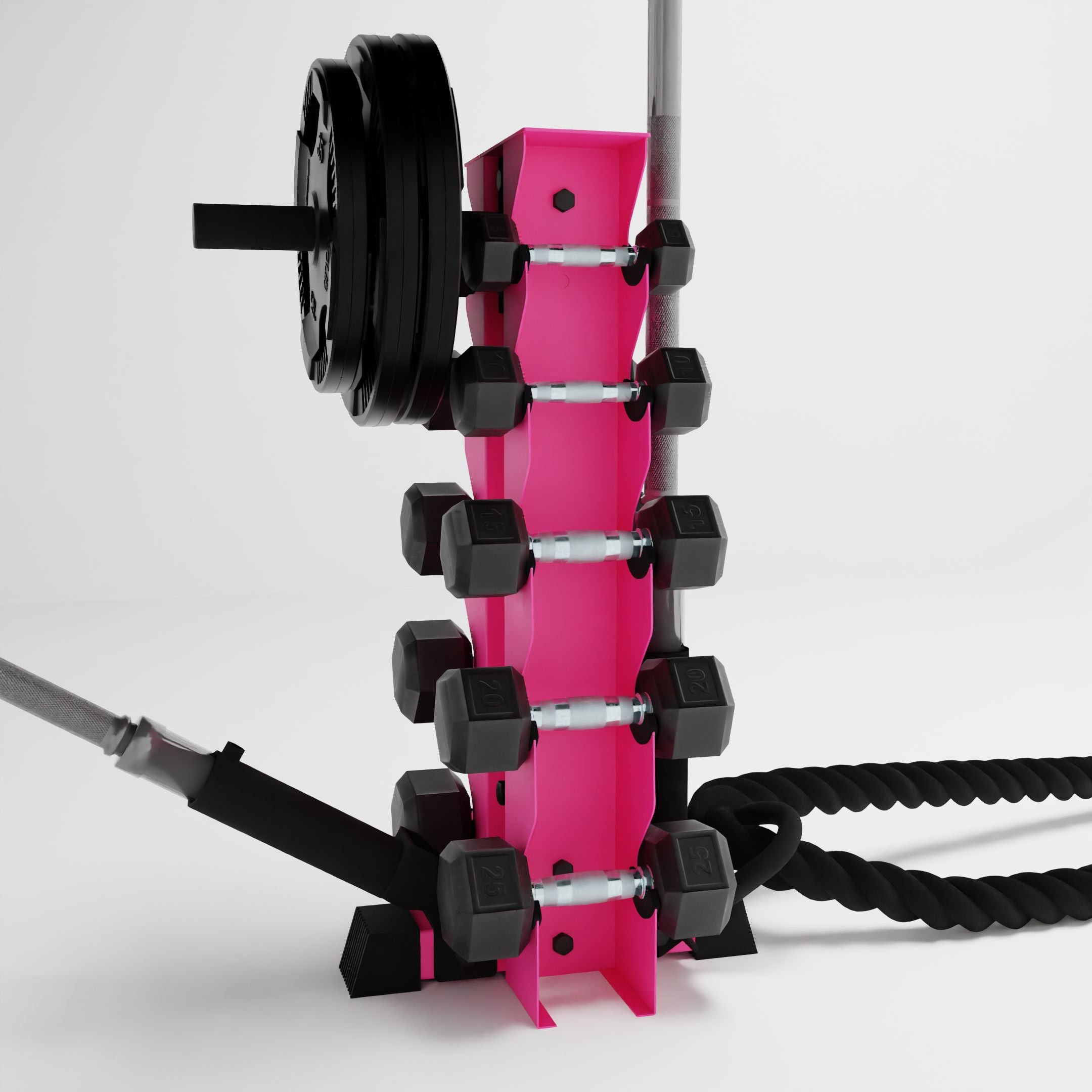 pink bravo 5-tier vertical dumbbell storage rack storing dumbbells, weight plates, barbells, a battle rope using storage attachment accessories