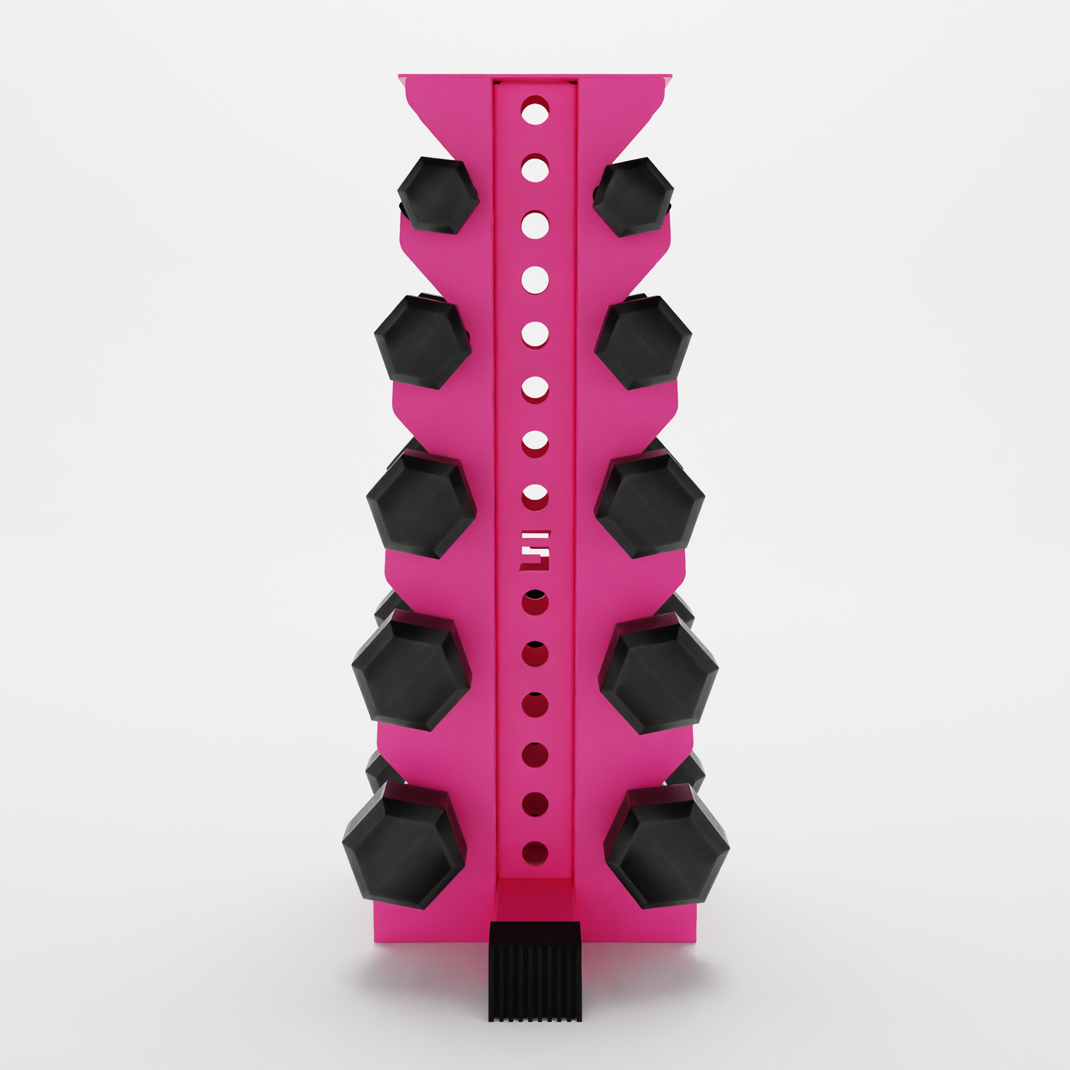 pink bravo 5-tier vertical dumbbell storage rack storing hex dumbbells