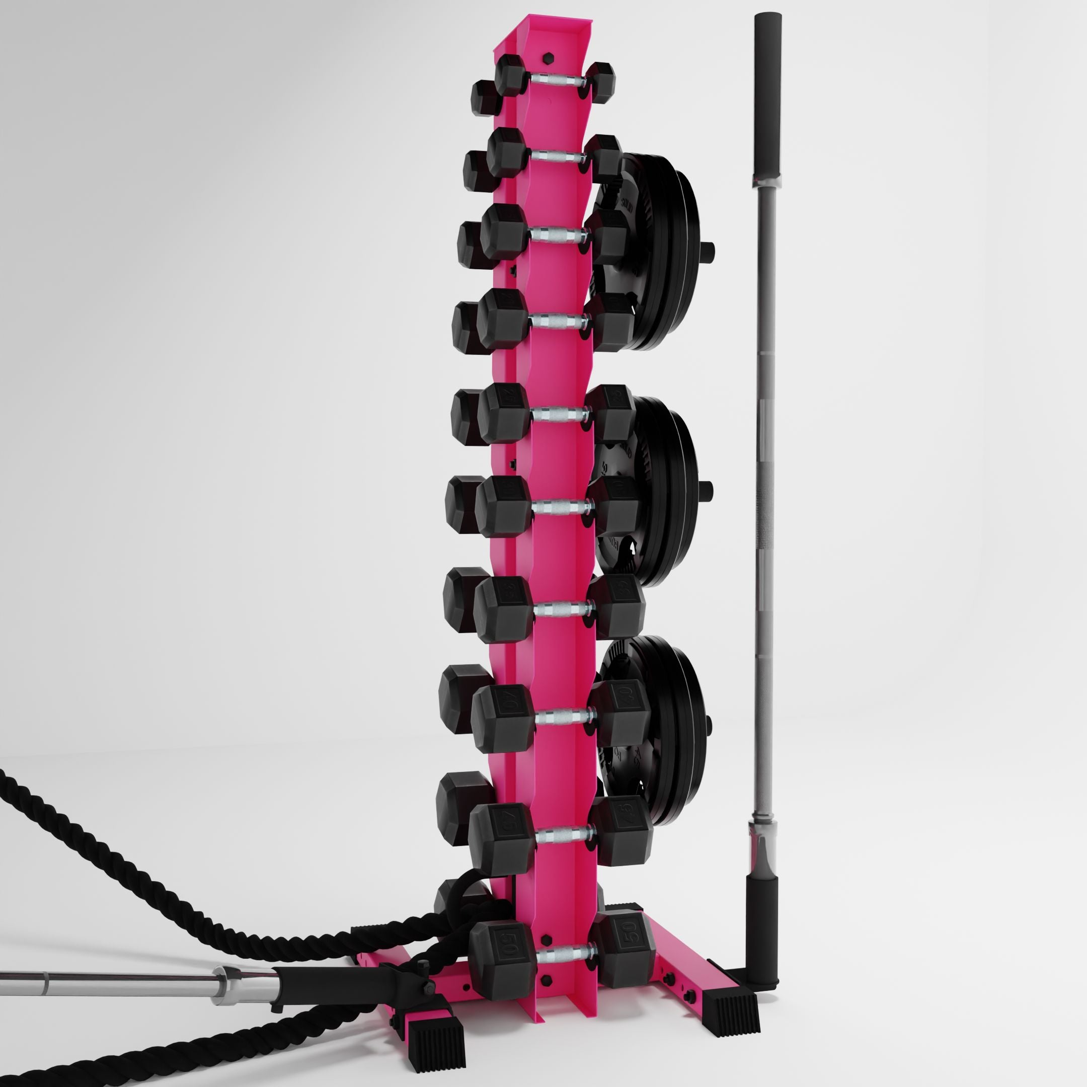 pink delta 10-tier vertical dumbbell storage rack storing dumbbells, weight plates, barbells, and a battle rope storage attachment accessories