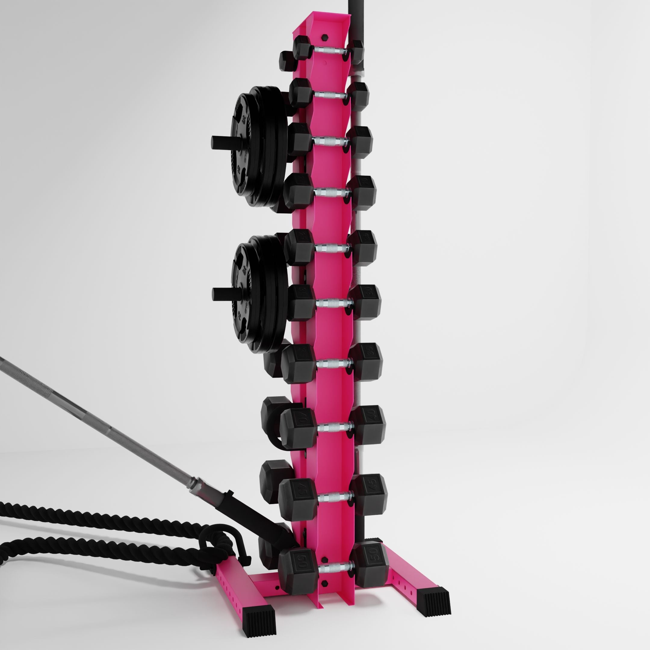 pink delta 10-tier vertical dumbbell storage rack storing dumbbells, weight plates, barbells, and a battle rope using storage attachment accessories