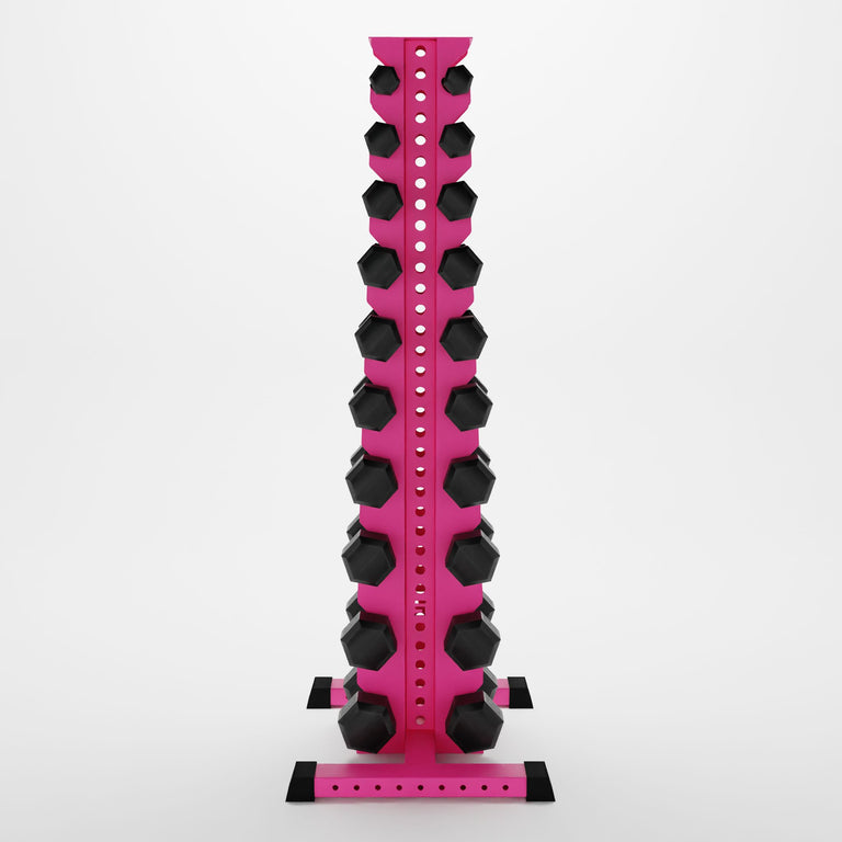 pink delta 10-tier vertical dumbbell storage rack storing hex dumbbells