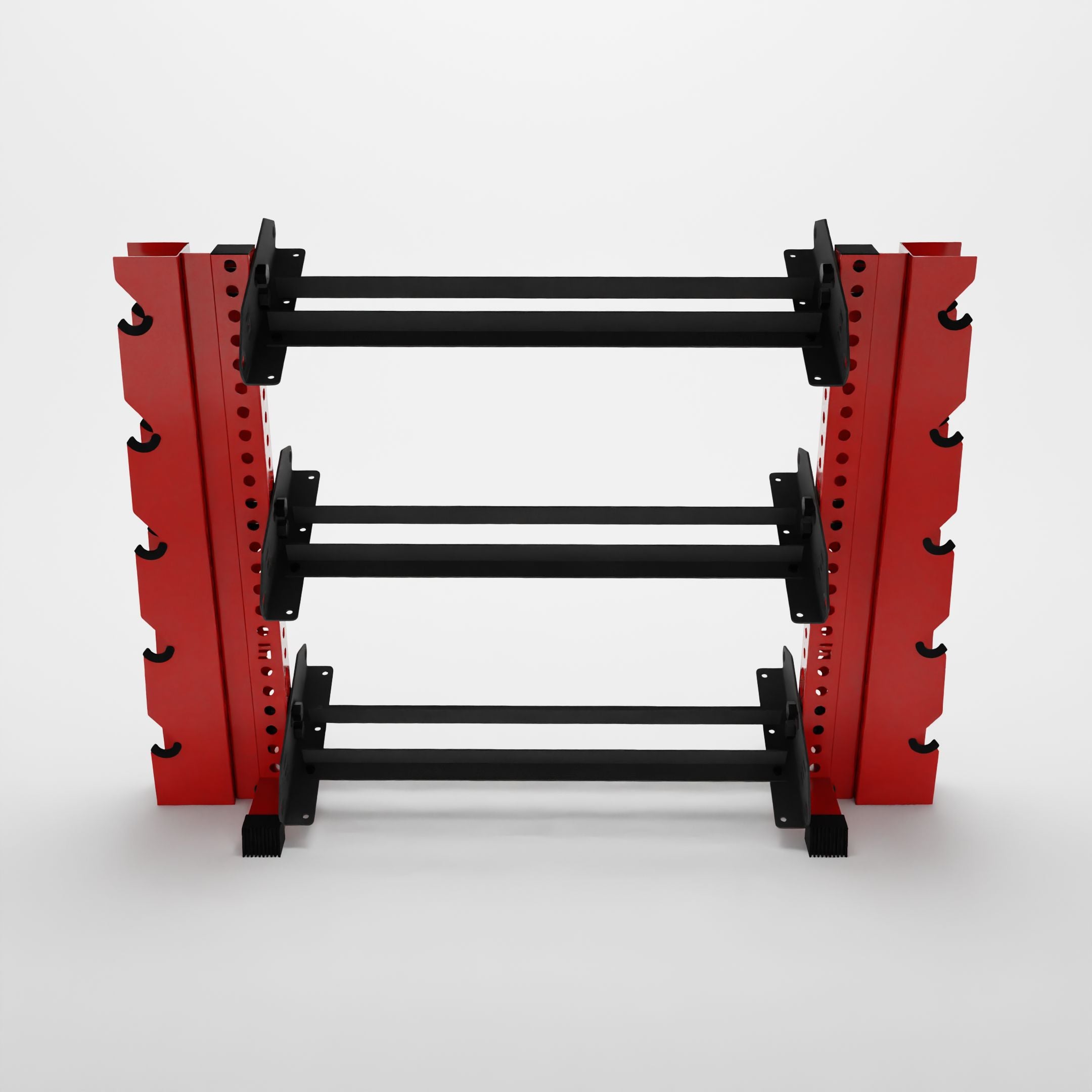 red 43-inch alpha 3-tier horizontal dumbbell rack with elite vertical add-ons