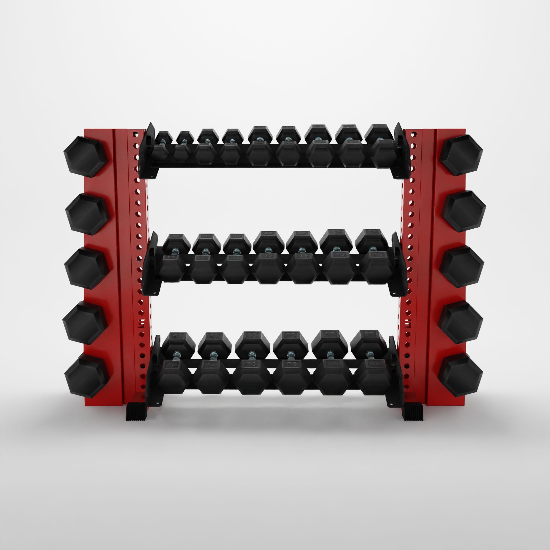 red 43-inch alpha 3-tier horizontal dumbbell rack with elite vertical add-ons storing hex dumbbells