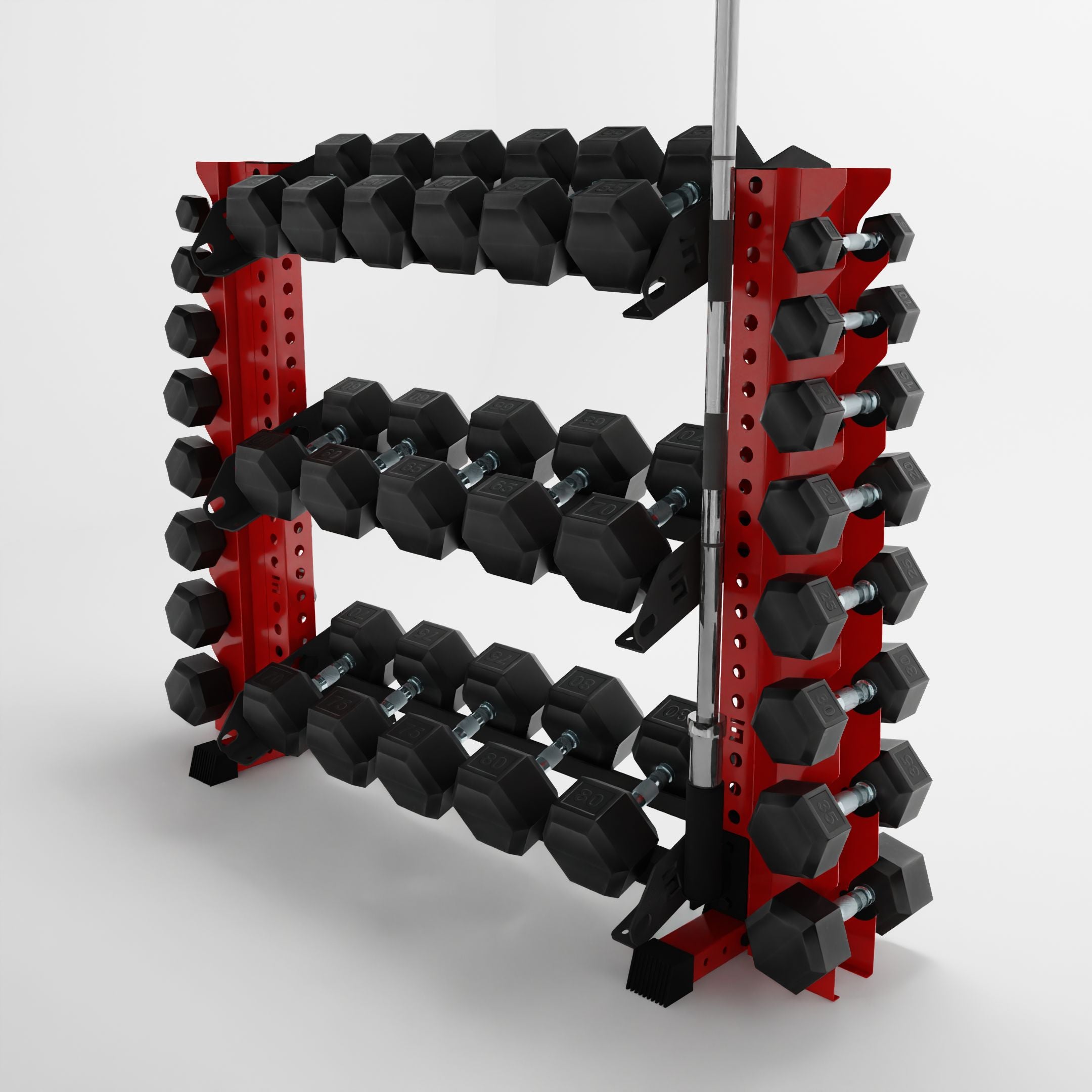 red 43-inch alpha 3-tier horizontal dumbbell rack with vertical add-ons storing dumbbells and a barbell using a storage attachment accessory