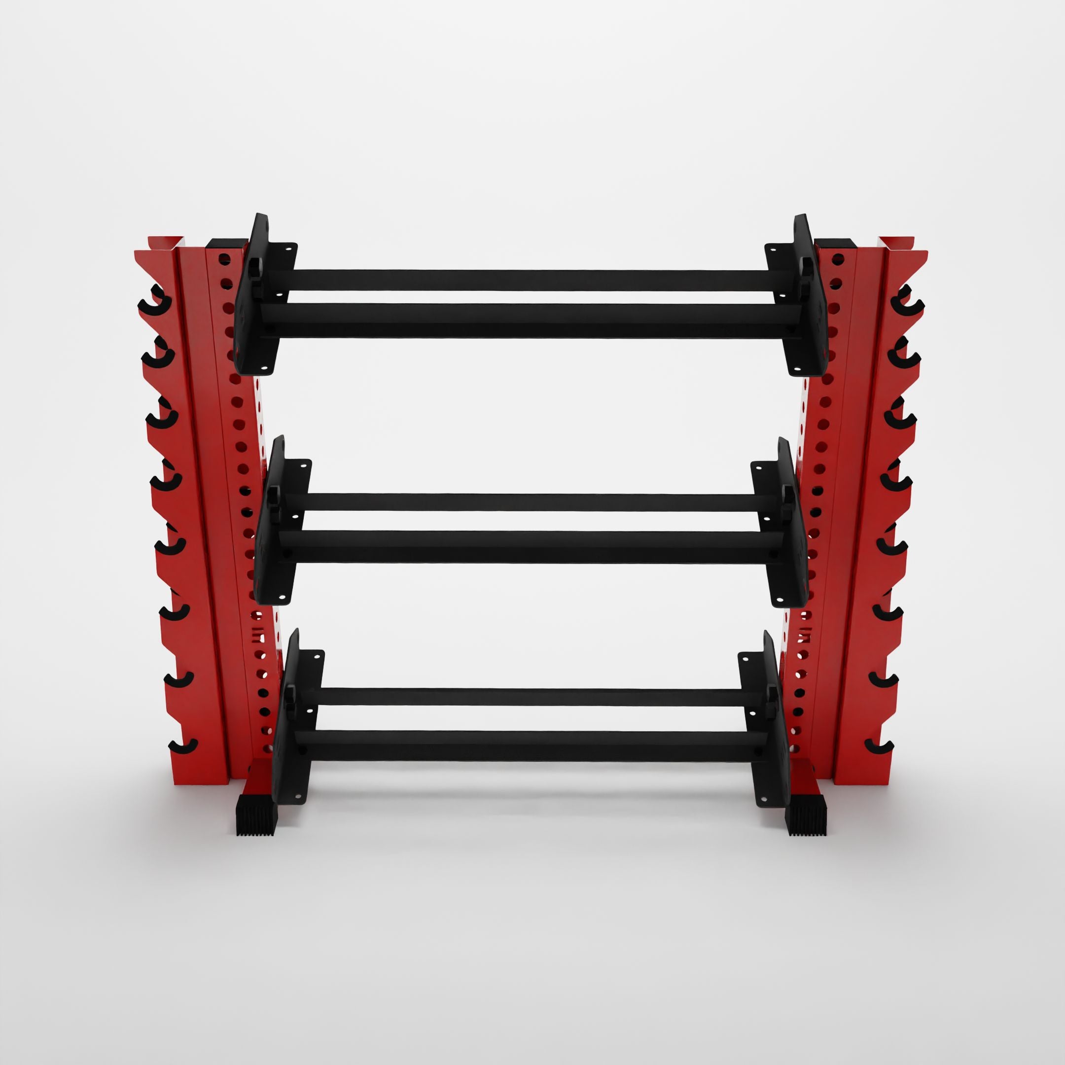 red 43-inch alpha 3-tier horizontal dumbbell rack with vertical add-ons