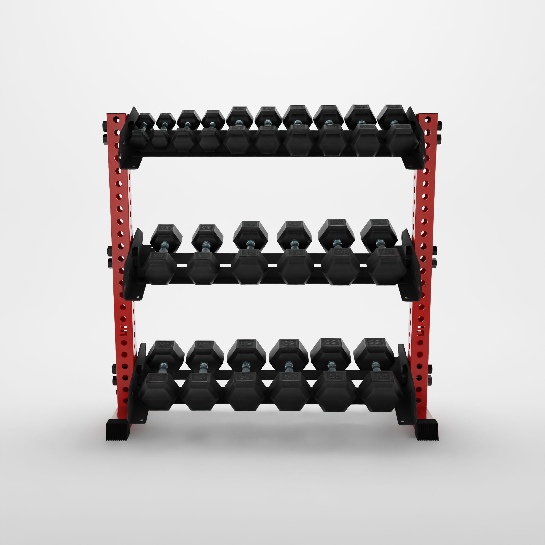 red 43-inch alpha 3-tier horizontal dumbbell rack storing hex dumbbells