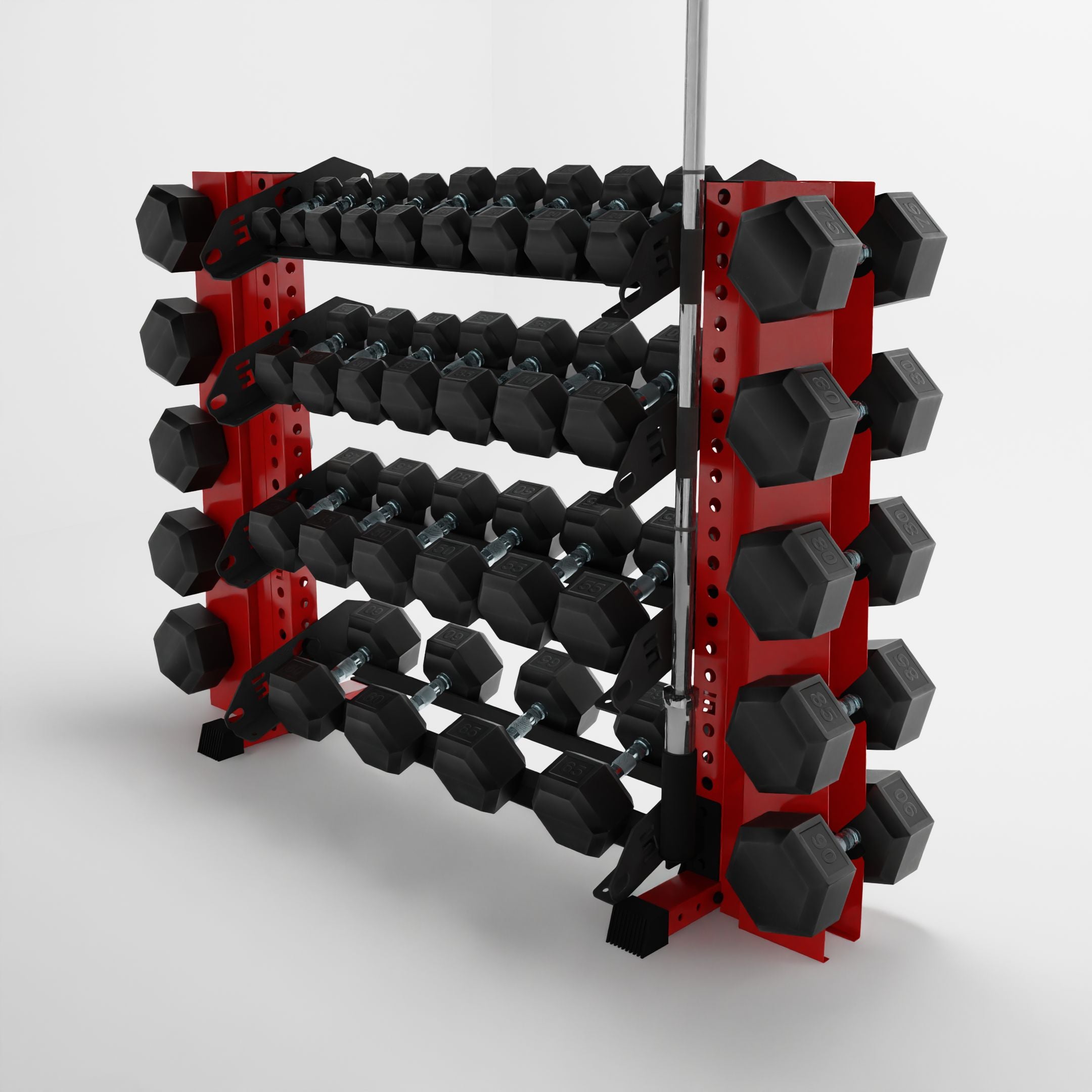 red 43-inch alpha 4-tier horizontal dumbbell rack with elite vertical add-ons storing hex dumbbells and a barbell using a storage attachment accessory