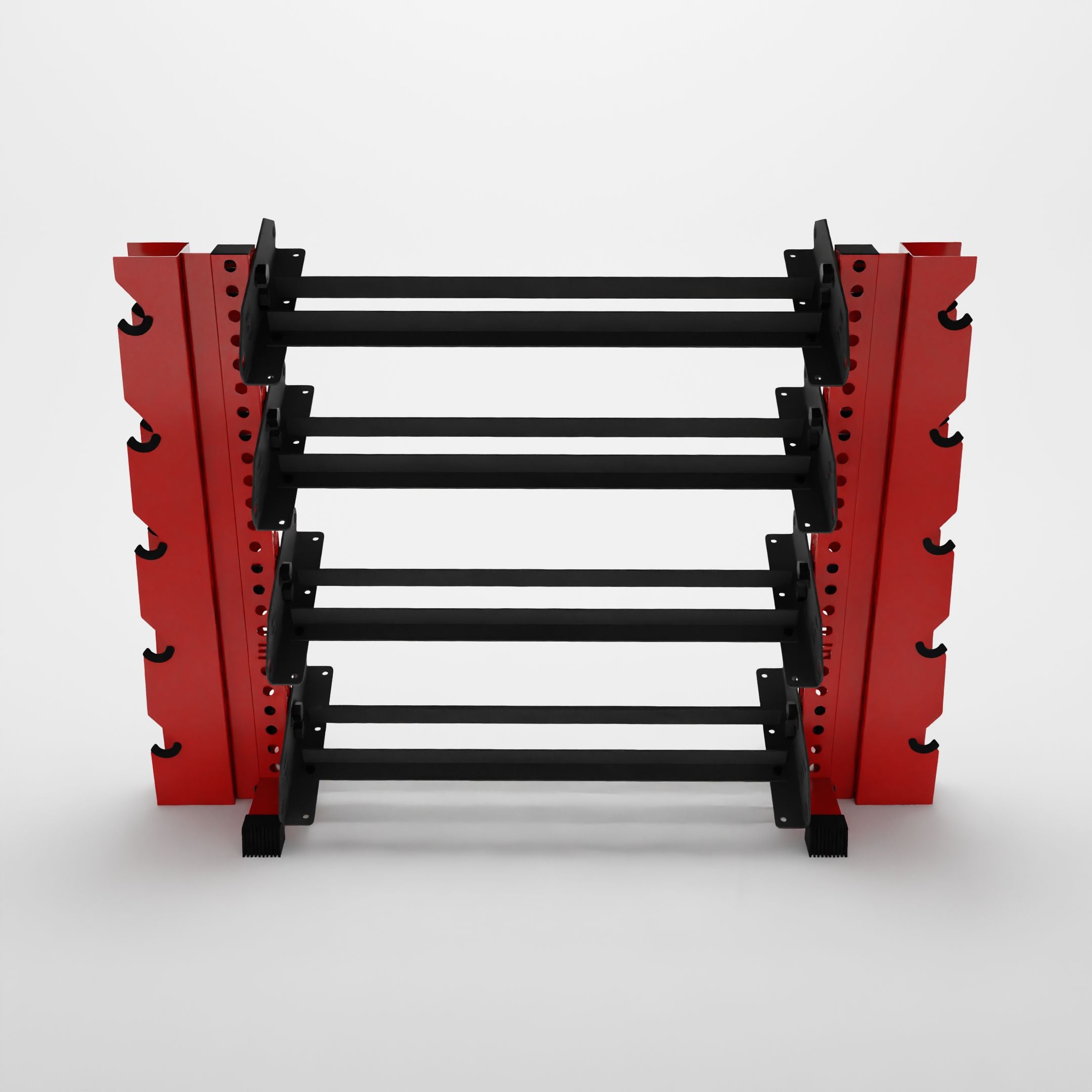 red 43-inch alpha 4-tier horizontal dumbbell rack with elite vertical add-ons