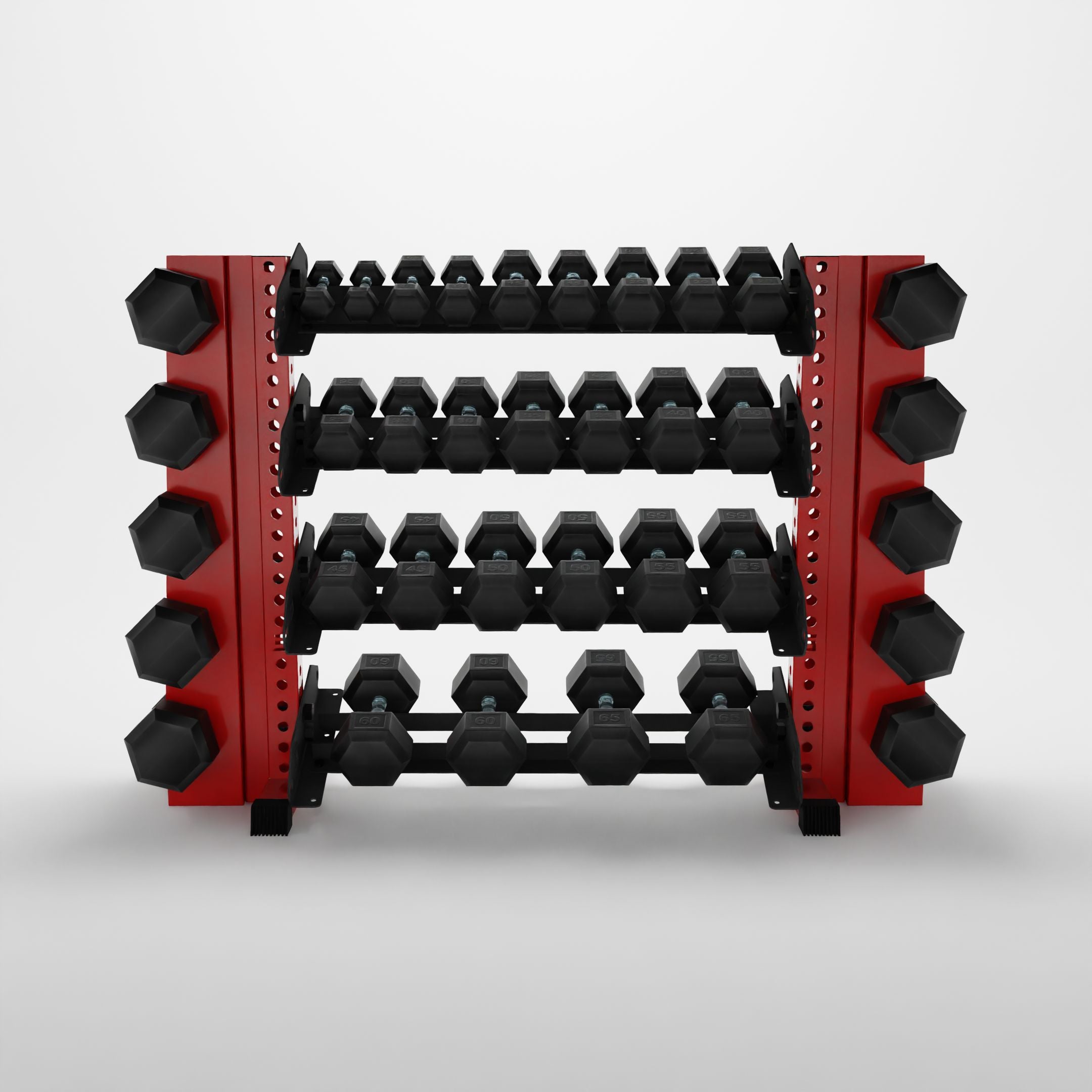 red 43-inch alpha 4-tier horizontal dumbbell rack storing hex dumbbells