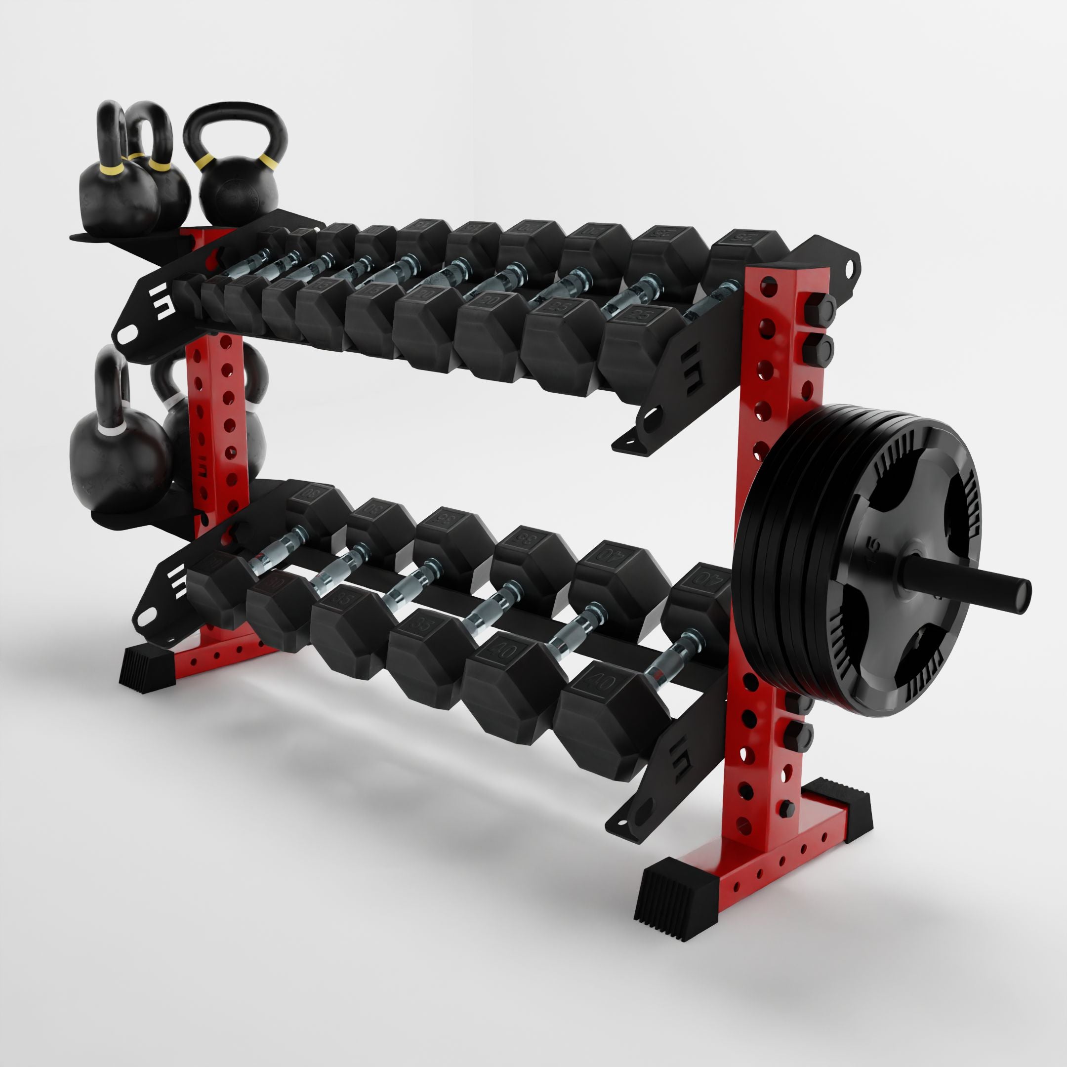 red 43-inch bravo 2-tier horizontal dumbbell rack storing dumbbells, weight plates, and kettlebells using storage attachment accessories