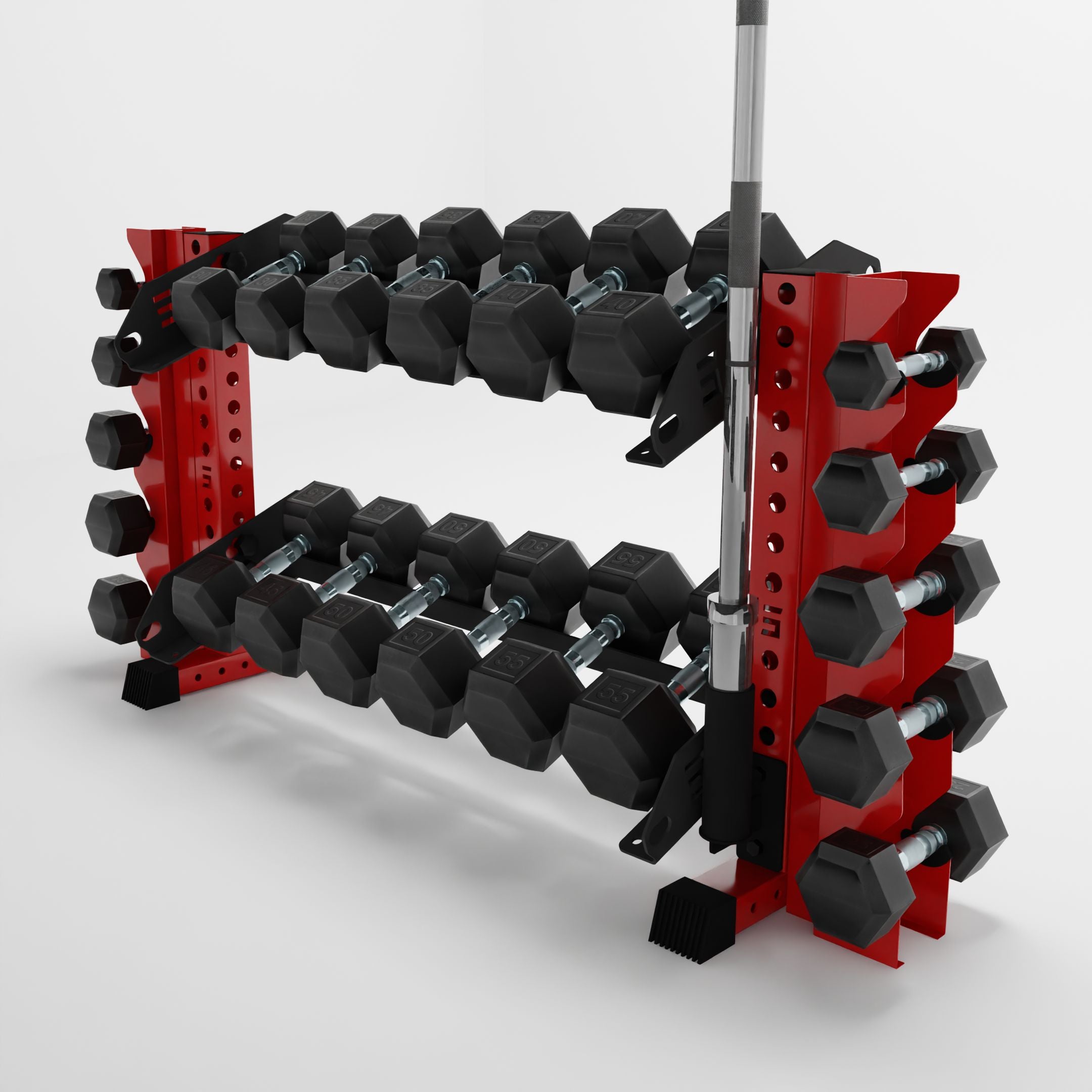 red 43-inch bravo 2-tier horizontal dumbbell rack with vertical add-ons storing dumbbells and a barbell using a storage attachment accessory