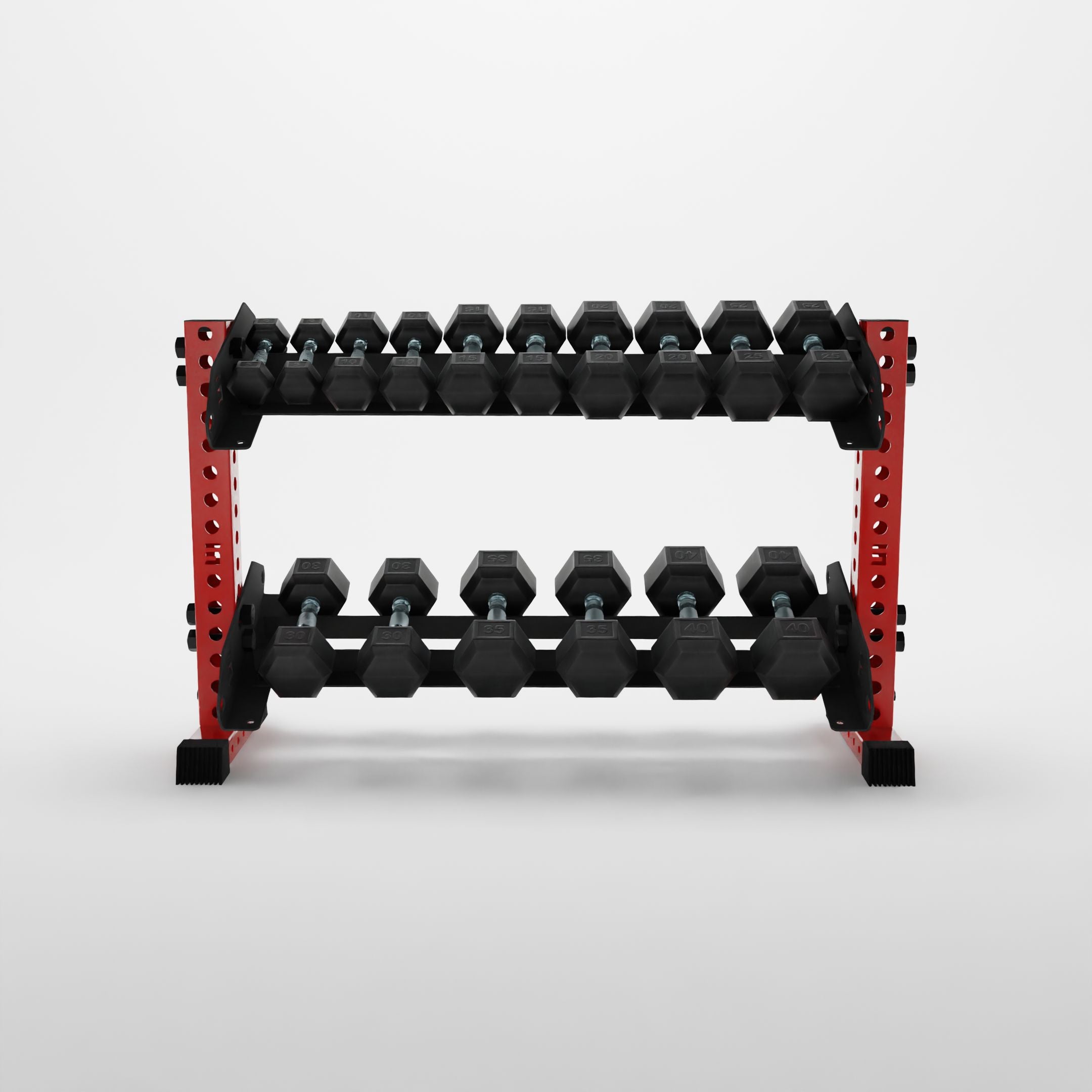 red 43-inch bravo 2-tier horizontal dumbbell rack storing hex dumbbells