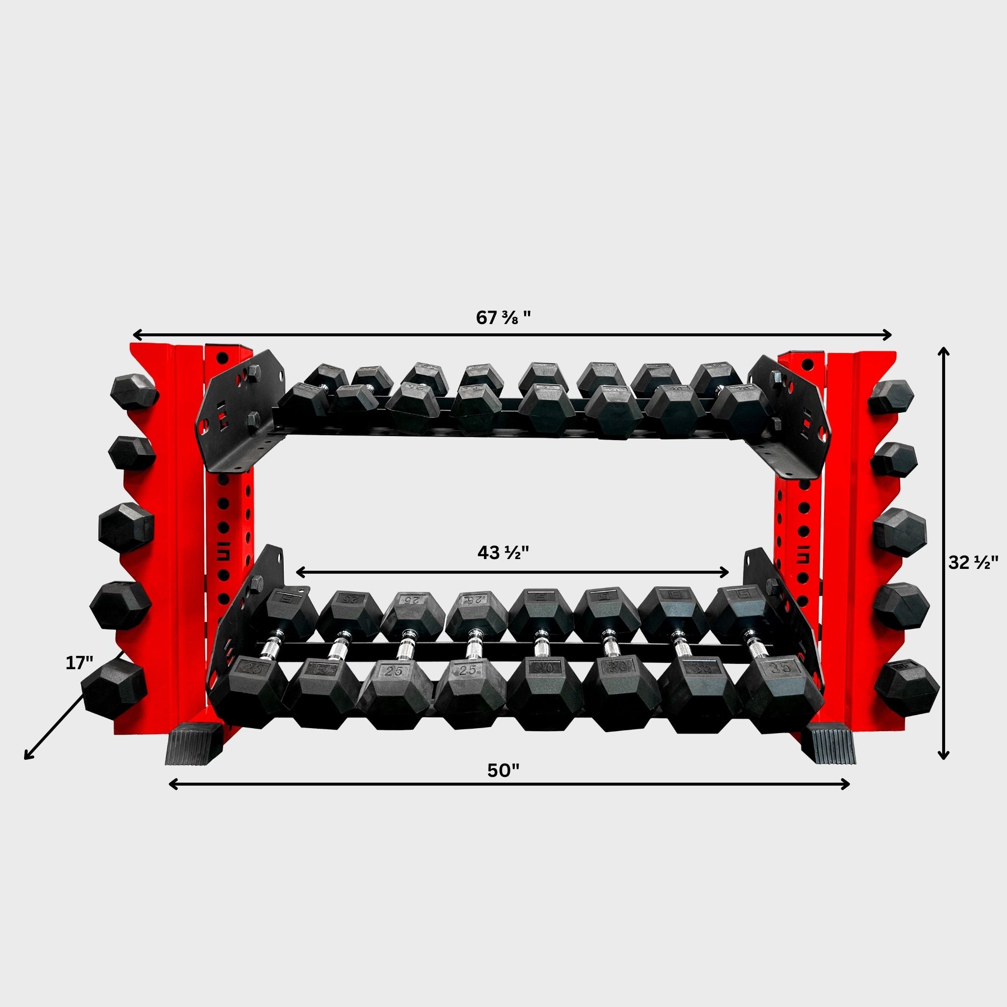 red 43-inch bravo 2-tier horizontal dumbbell storage rack loaded with hex dumbbells and its product dimensions