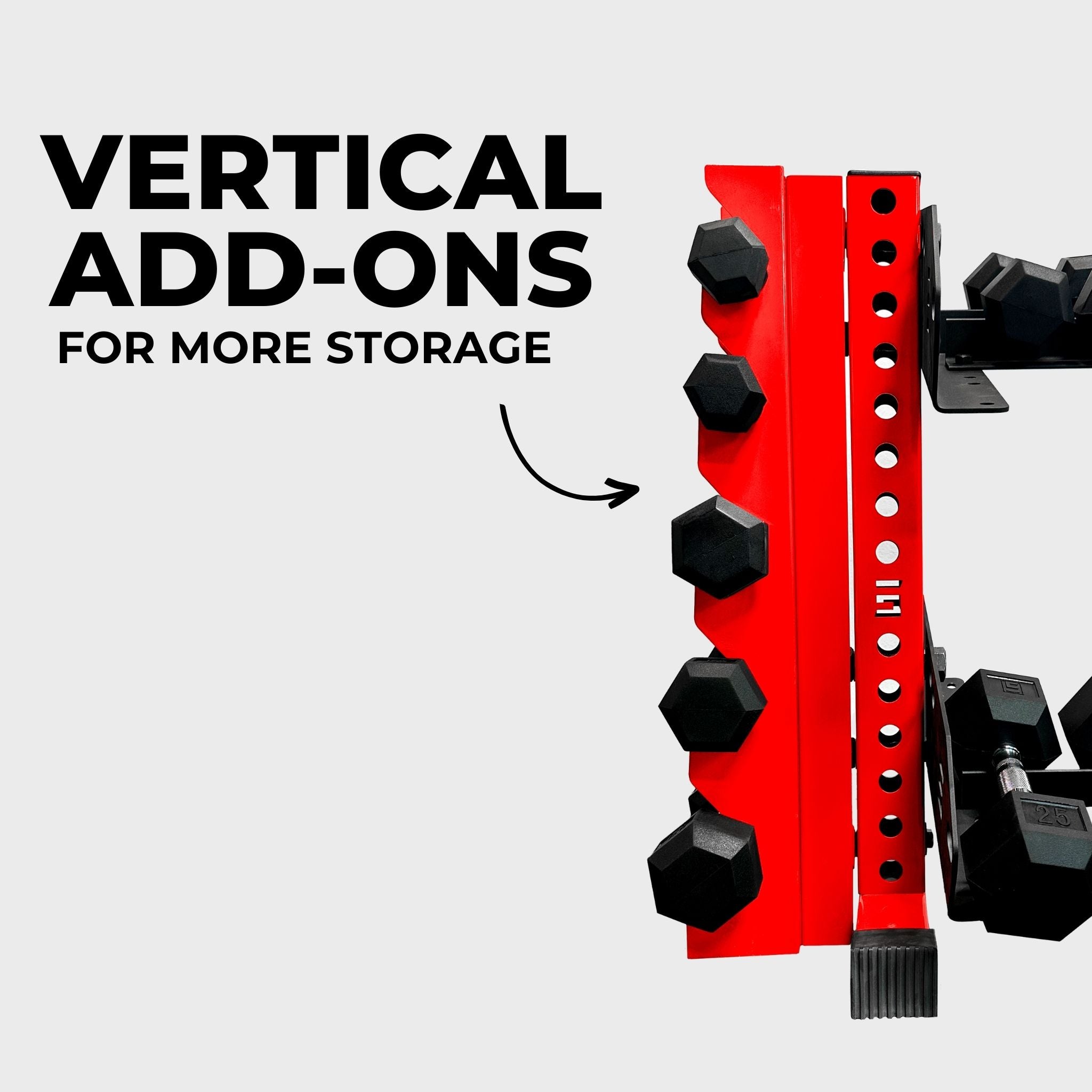 red 43-inch bravo 2-tier horizontal dumbbell storage rack holding hex dumbbells with a vertical add-on and text reading "vertical add-ons for more storage"