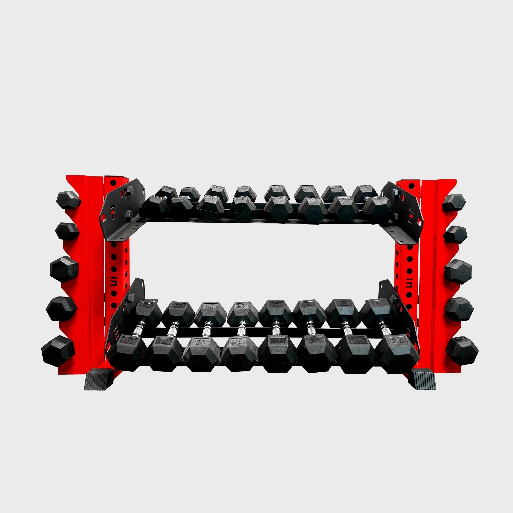 red 43-inch bravo 2-tier horizontal dumbbell storage rack loaded with hex dumbbells