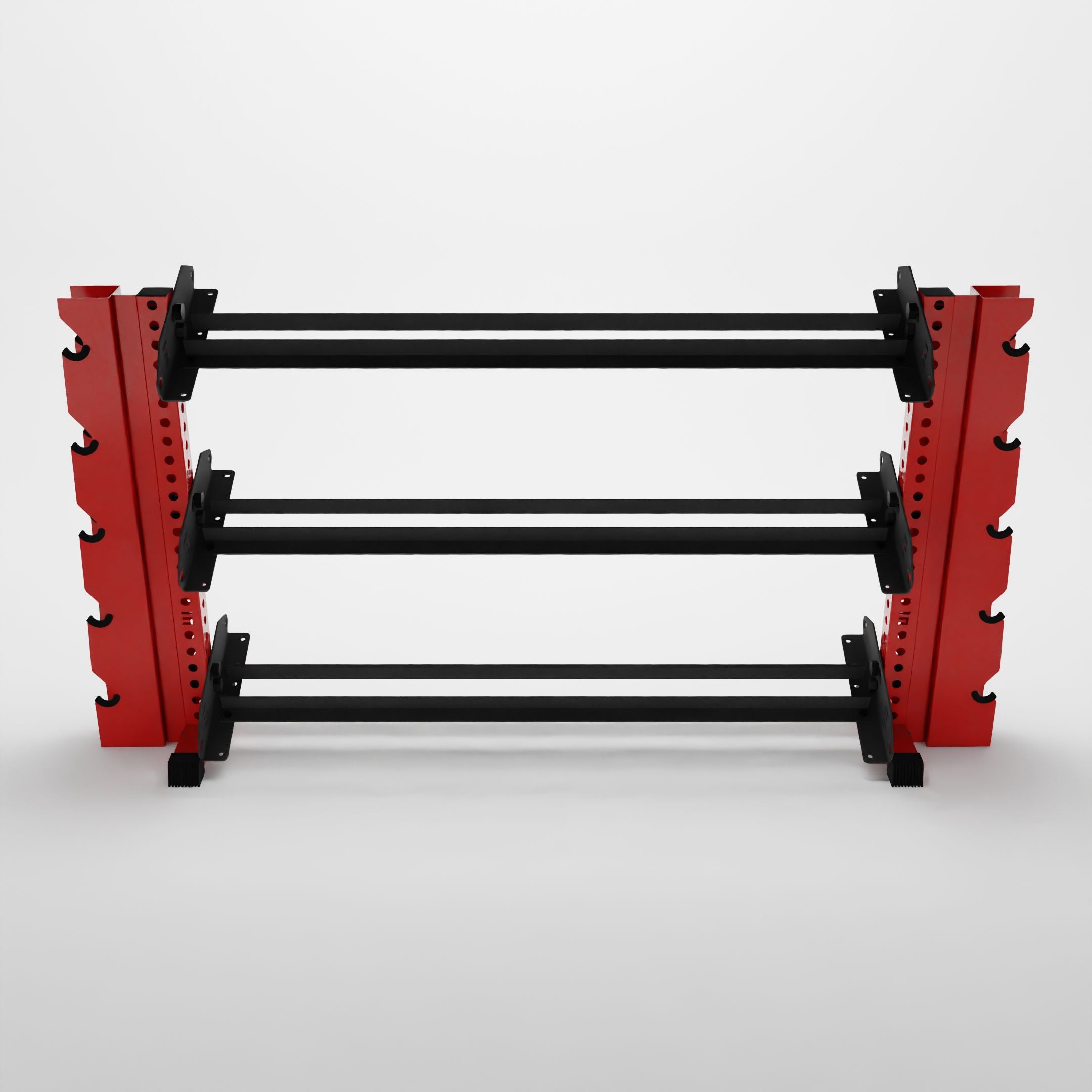 red 70-inch alpha 3-tier horizontal dumbbell rack with elite vertical add-ons