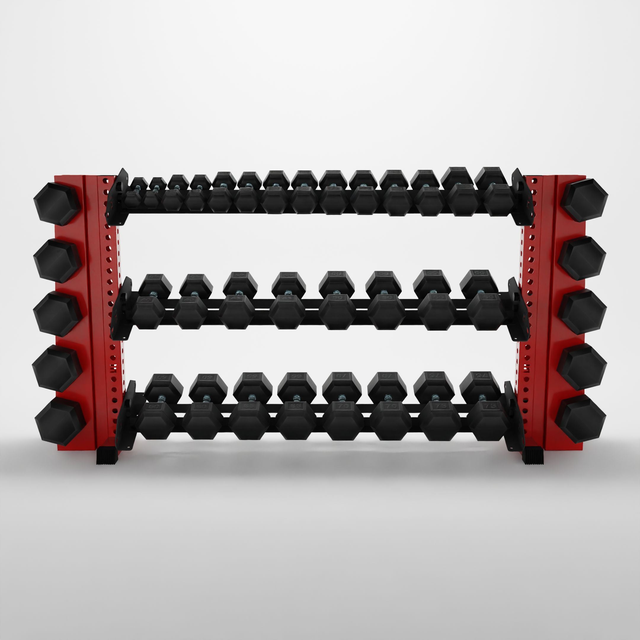 red 70-inch alpha 3-tier horizontal dumbbell rack with elite vertical add-ons storing hex dumbbells