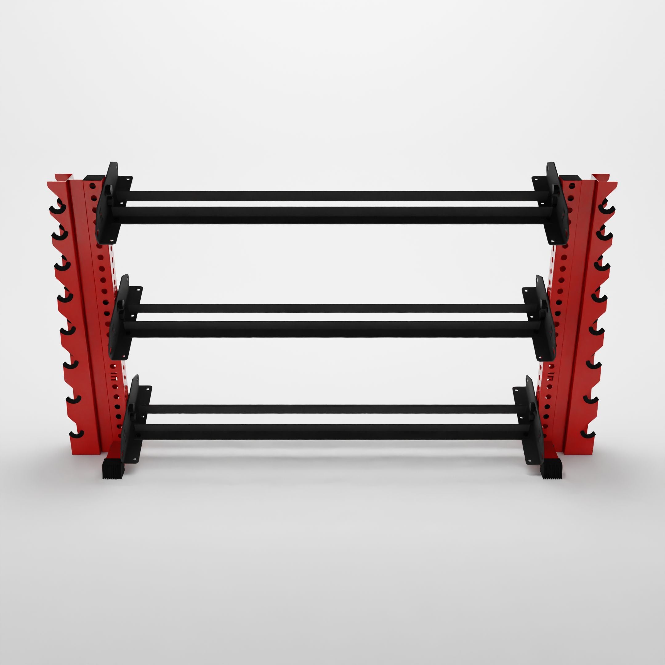 red 70-inch alpha 3-tier horizontal dumbbell rack with vertical add-ons