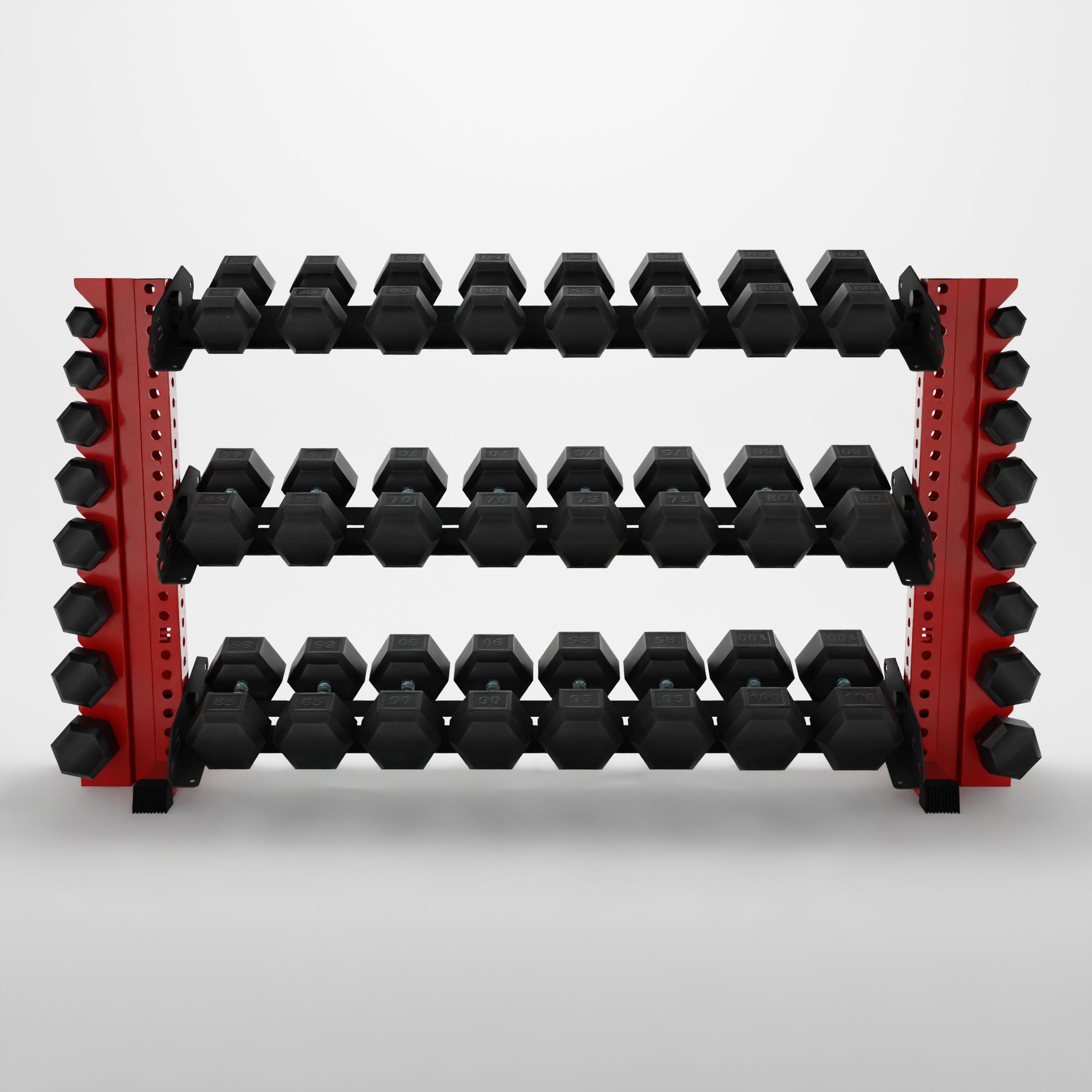 red 70-inch alpha 3-tier horizontal dumbbell rack with vertical add-ons storing hex dumbbells