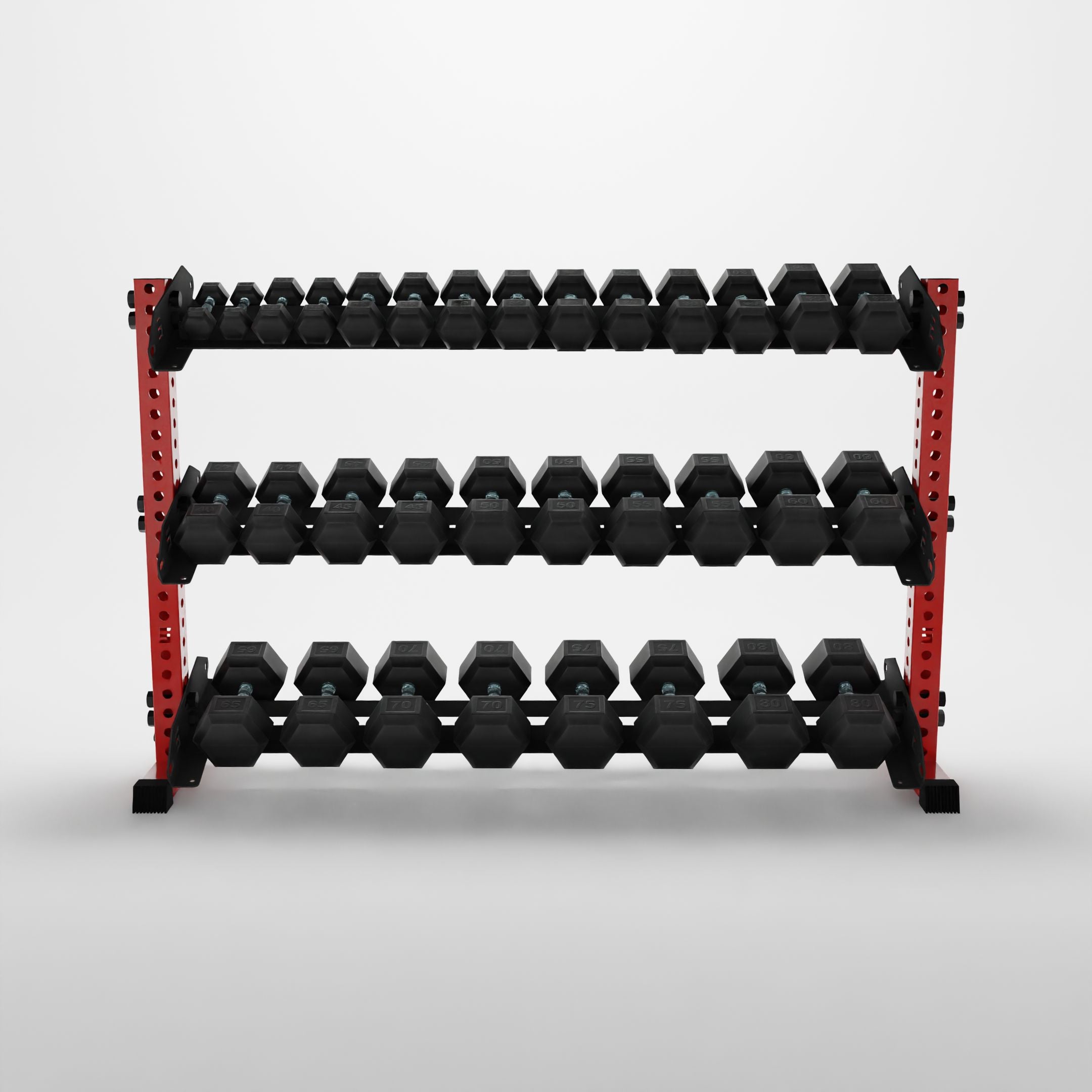 red 70-inch alpha 3-tier horizontal dumbbell rack storing hex dumbbells