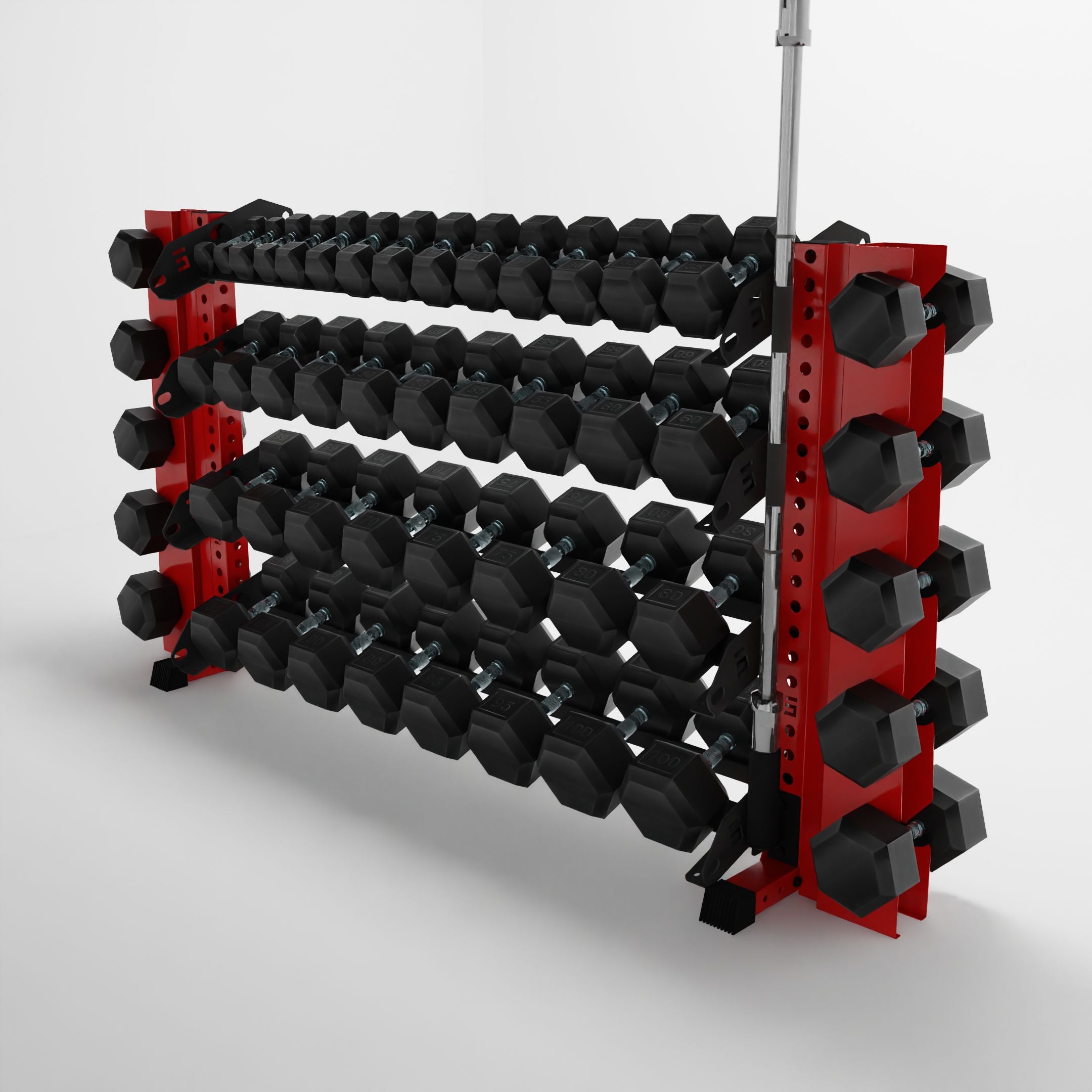 red 70-inch alpha 4-tier horizontal dumbbell rack with elite vertical add-ons storing hex dumbbells and a barbell using a storage attachment accessory