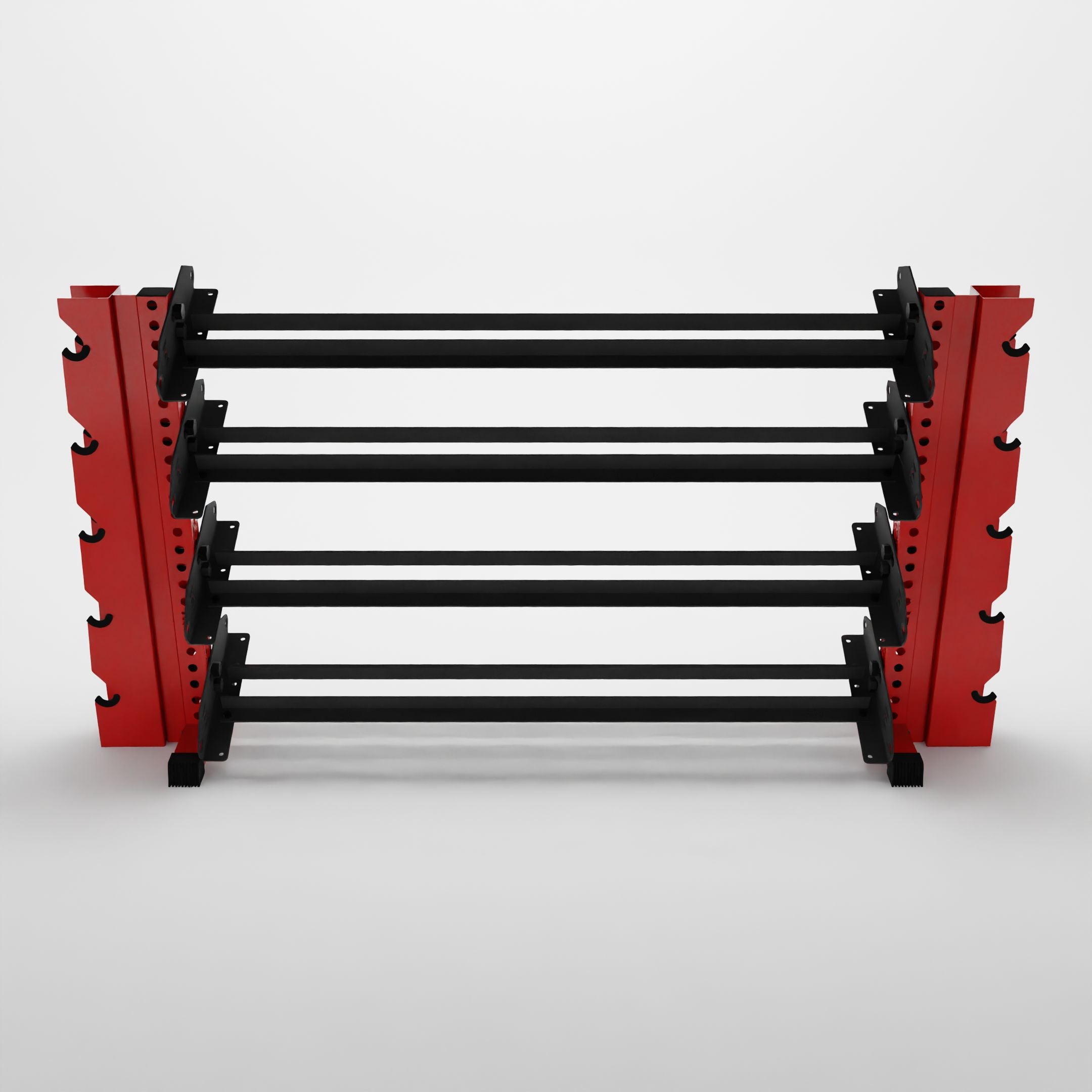 red 70-inch alpha 4-tier horizontal dumbbell rack with elite vertical add-ons