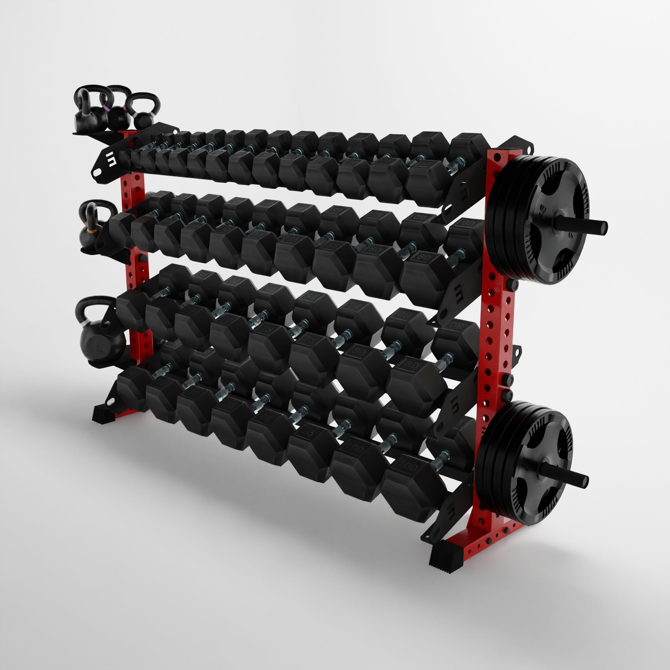 red 70-inch alpha 4-tier horizontal dumbbell rack storing dumbbells, weight plates, and kettlebells using storage attachment accessories