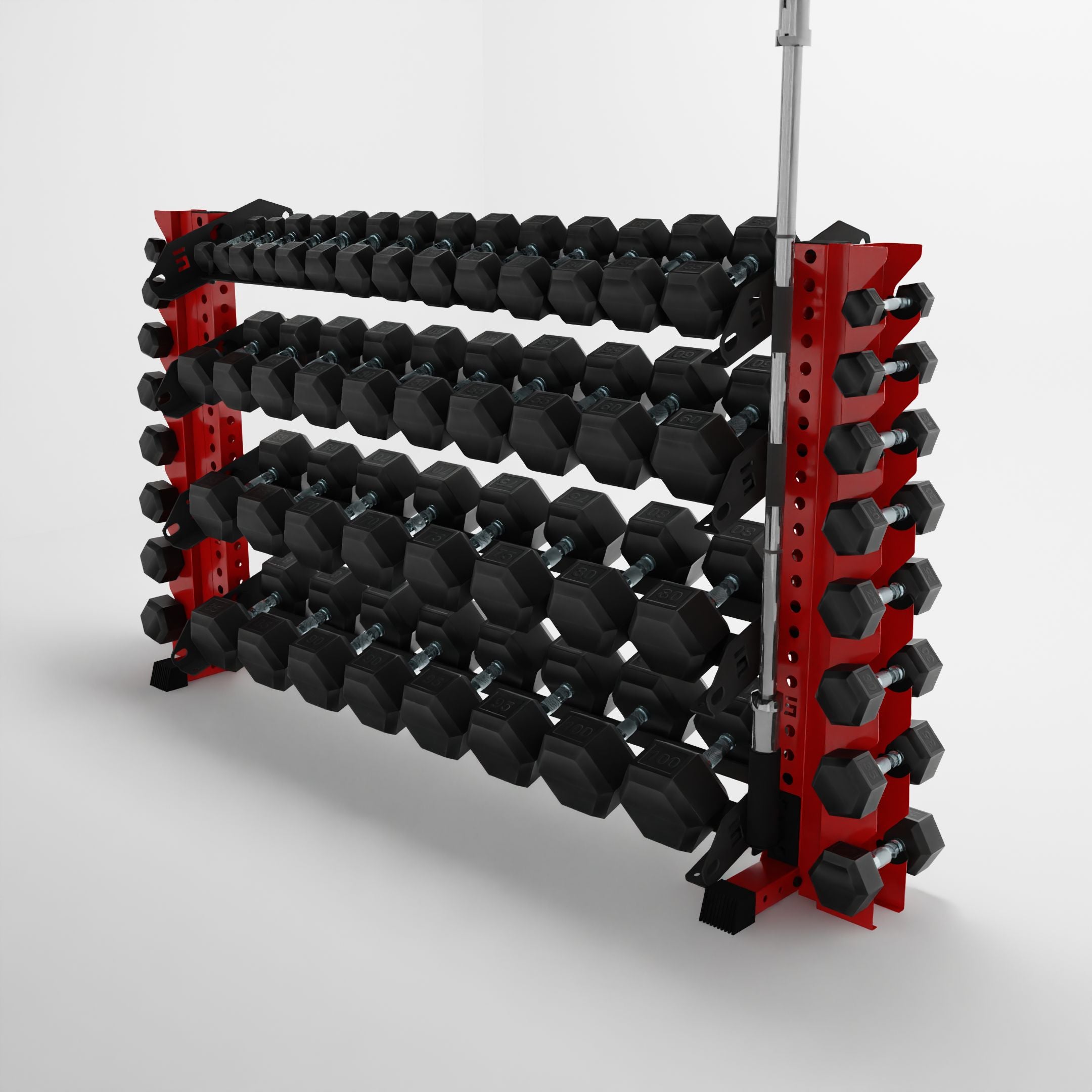 red 70-inch alpha 4-tier horizontal dumbbell rack with vertical add-ons storing hex dumbbells and a barbell using a storage attachment accessory