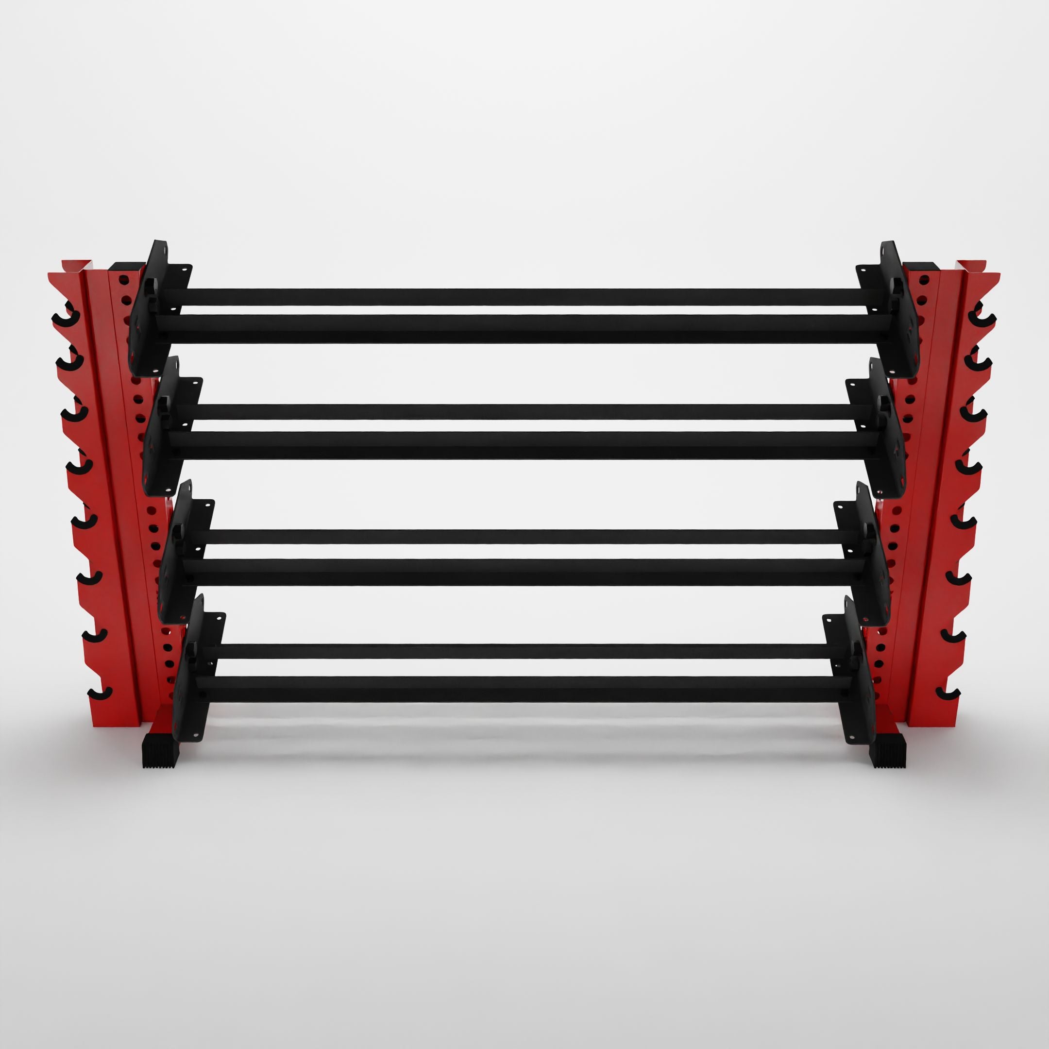 red 70-inch alpha 4-tier horizontal dumbbell rack with vertical add-ons