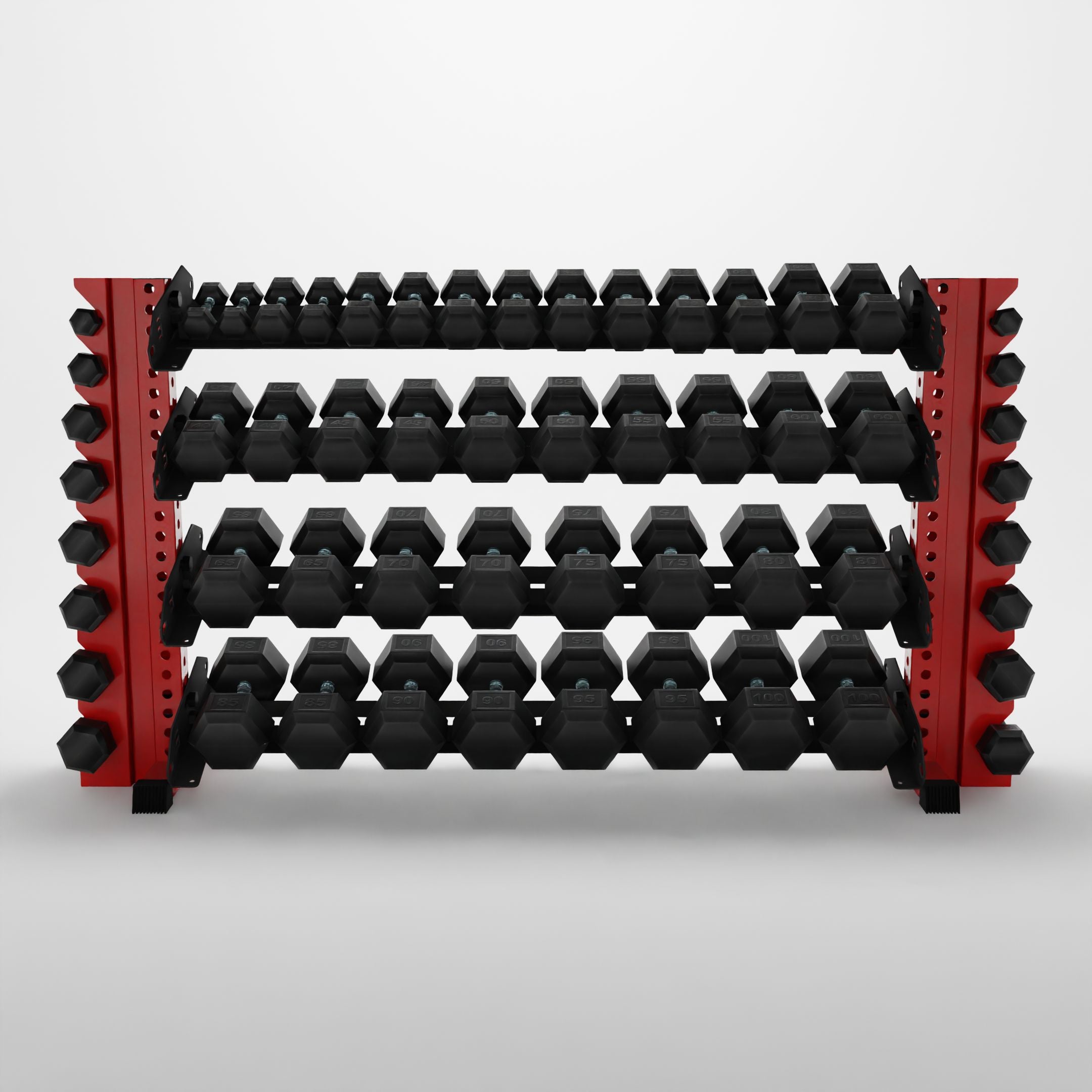 red 70-inch alpha 4-tier horizontal dumbbell rack with vertical add-ons storing hex dumbbells