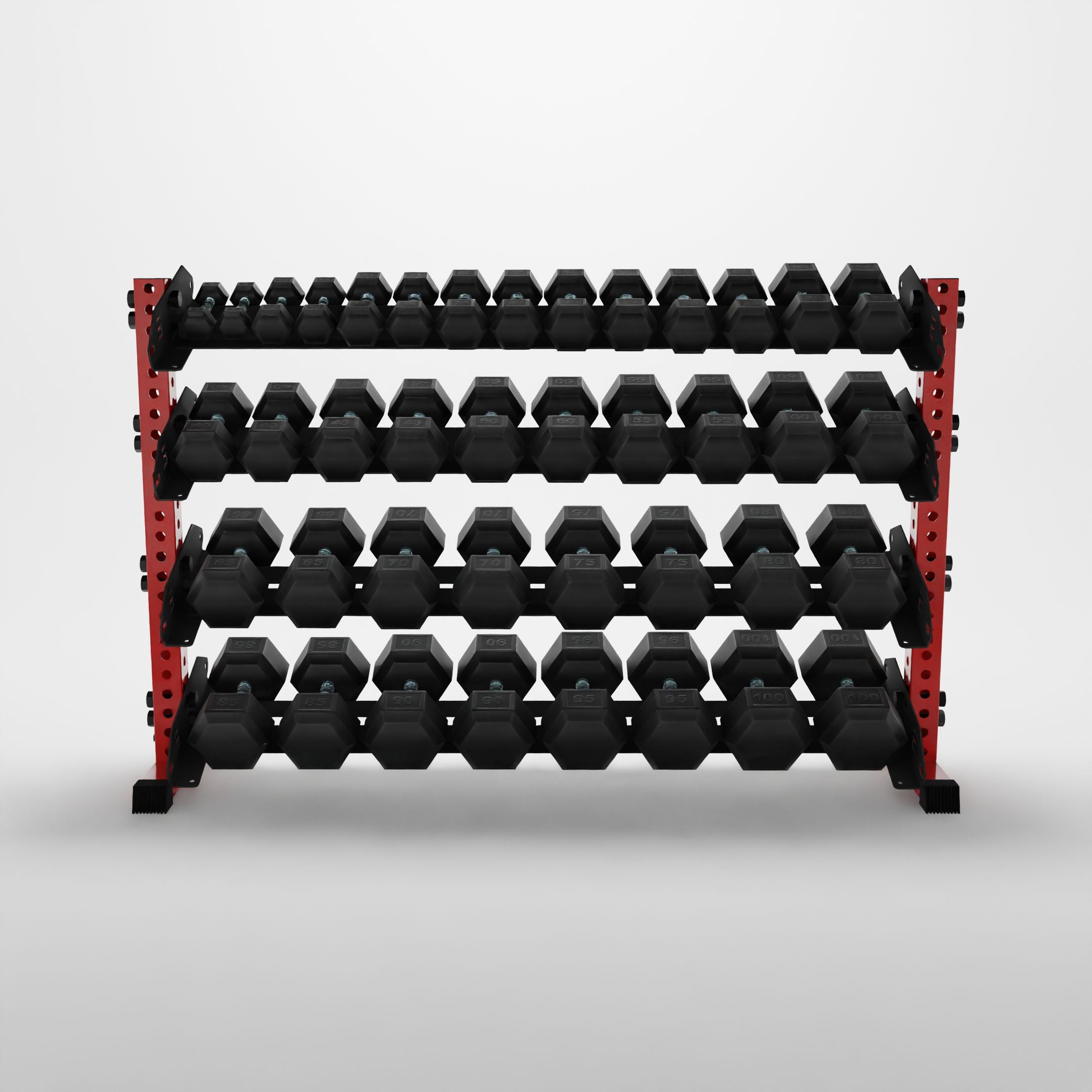 red 70-inch alpha 4-tier horizontal dumbbell rack storing hex dumbbells