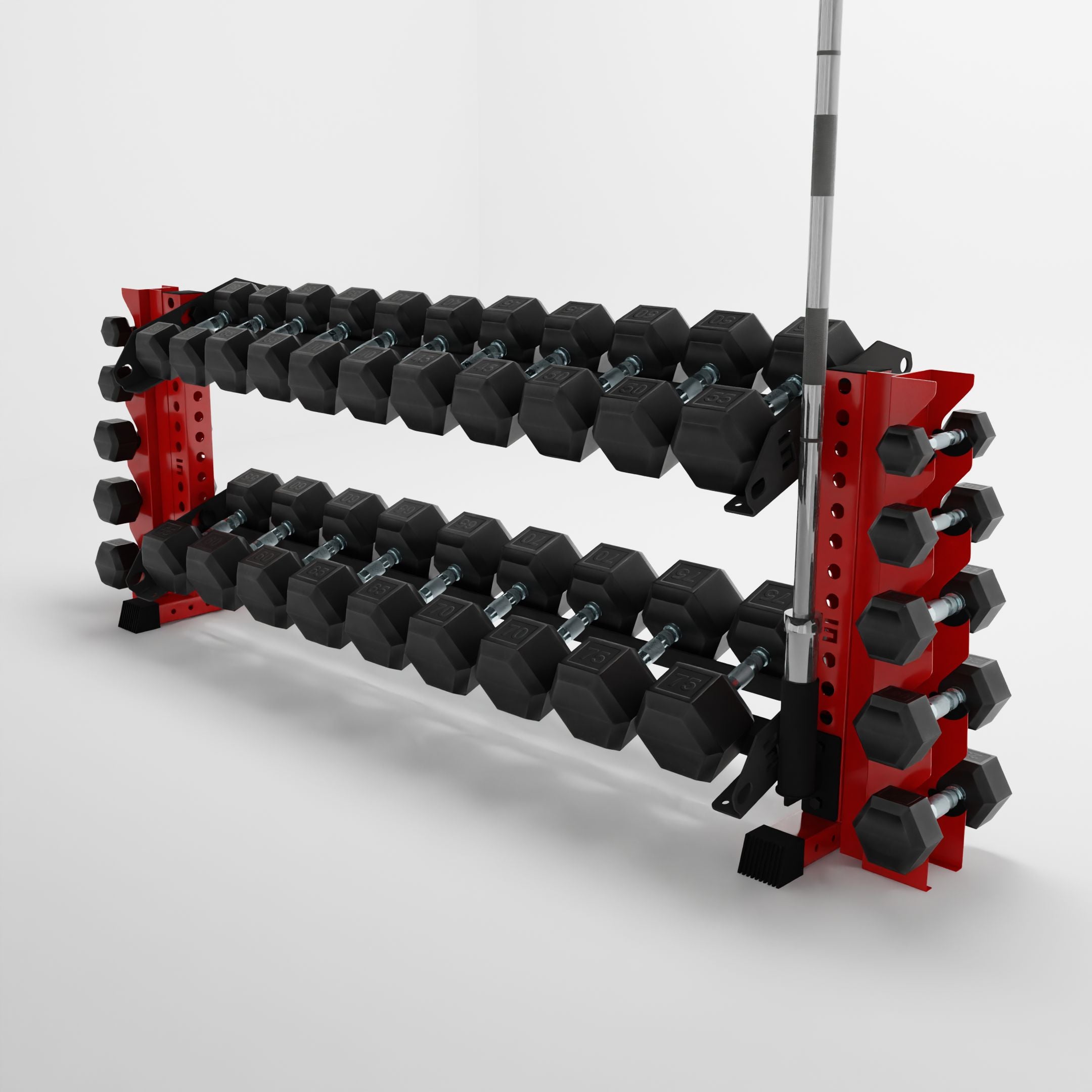 red 70-inch bravo 2-tier horizontal dumbbell rack with vertical add-on storing dumbbells and a barbell using a storage attachment accessory