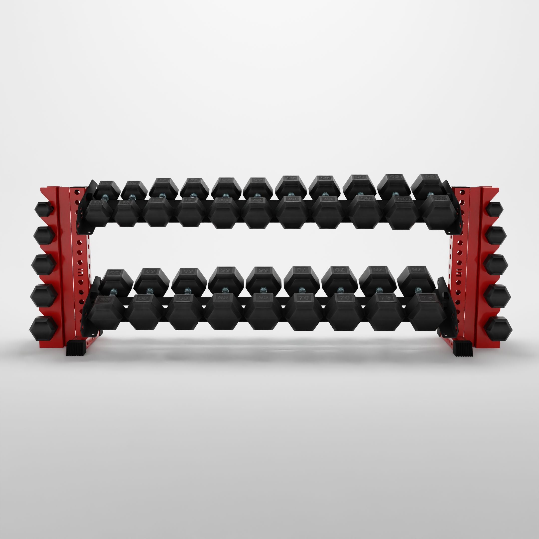 red 70-inch bravo 2-tier horizontal dumbbell rack with vertical add-ons storing hex dumbbells