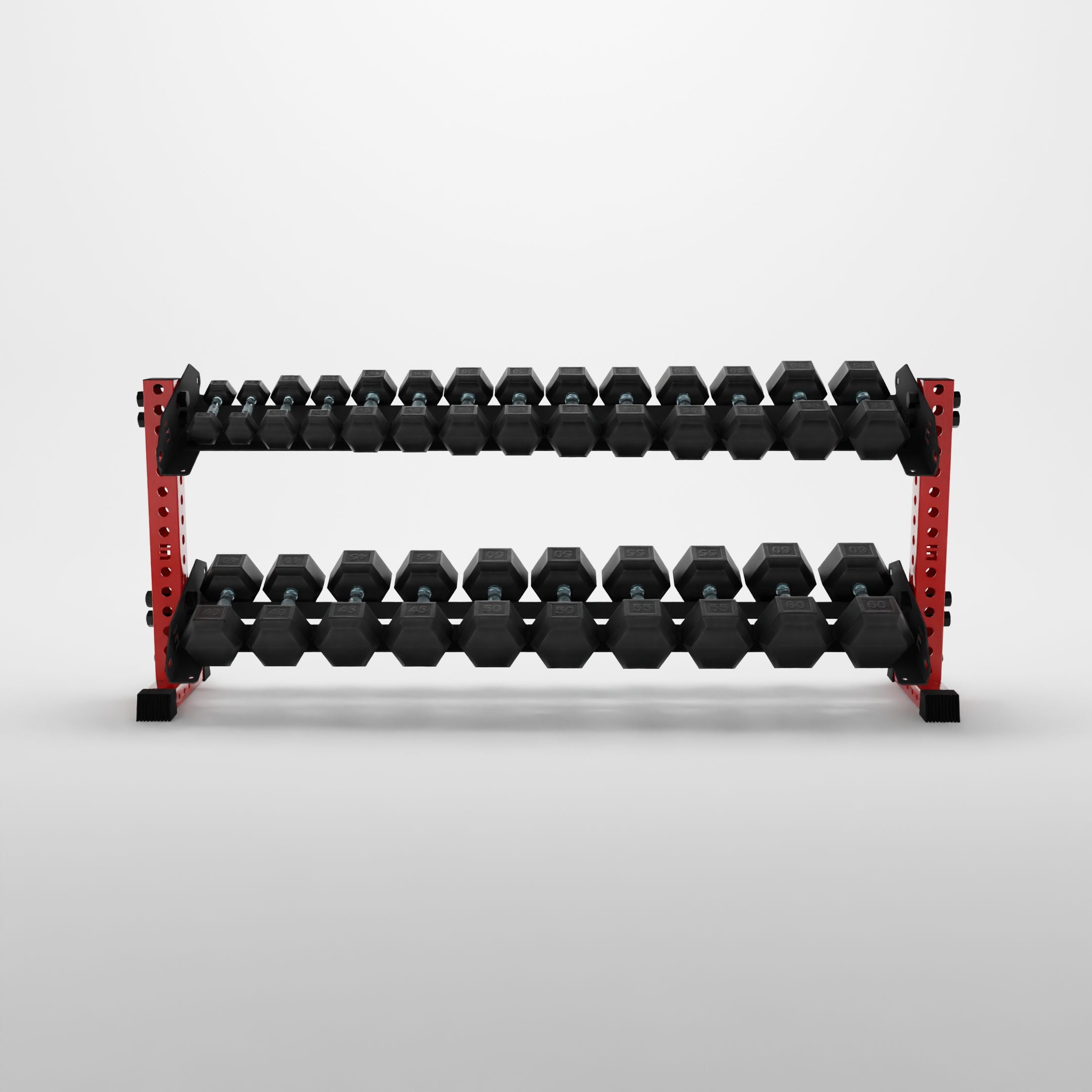 red 70-inch bravo 2-tier horizontal dumbbell rack storing hex dumbbells