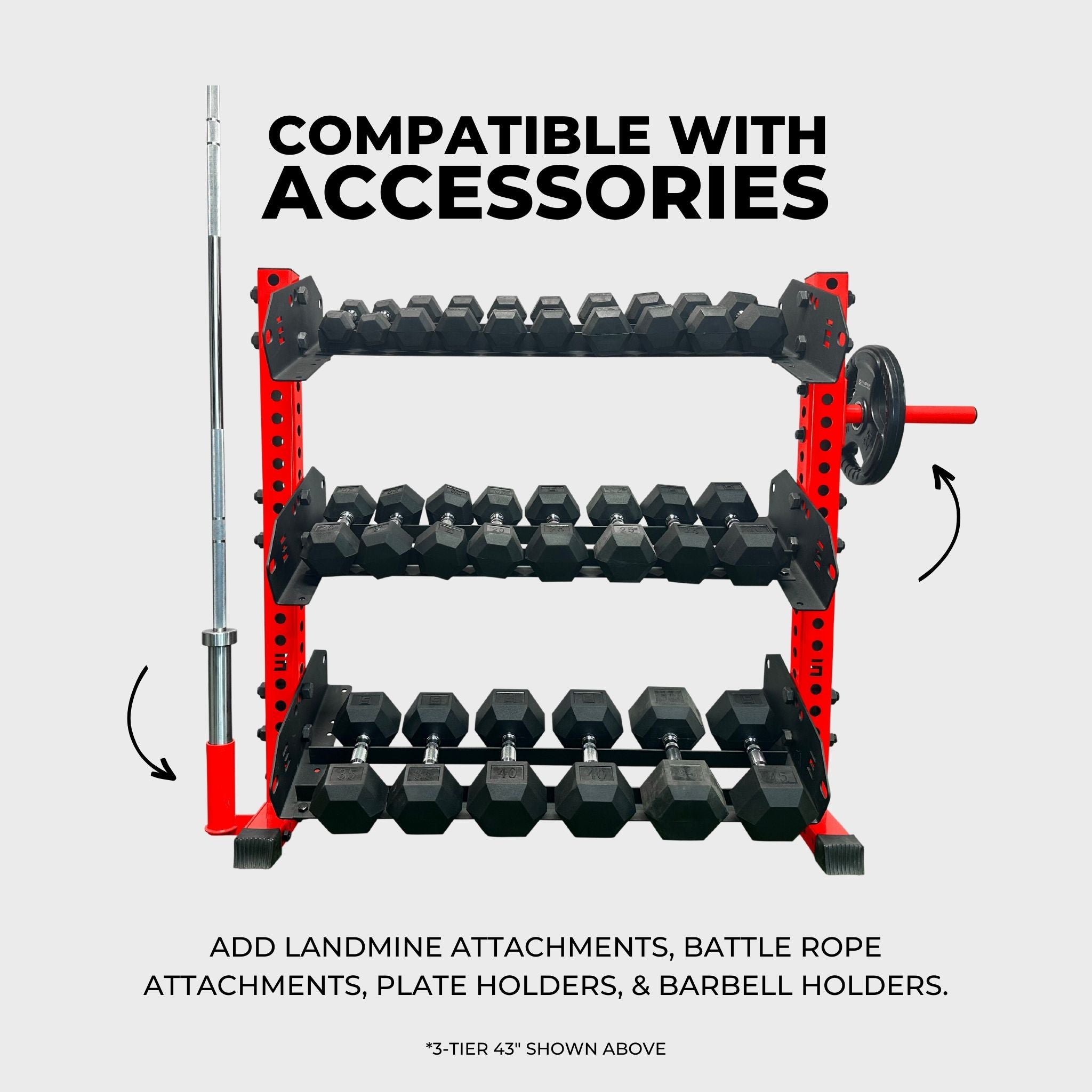 red 3-tier horizontal dumbbell rack holding hex dumbbells, a barbell in a barbell holder attachment accessory, and a weight plate on a weight plate holder attachment accessory with text reading "compatible with accessories: add landmine attachments, battle rope attachments, plate holders, and barbell holders"